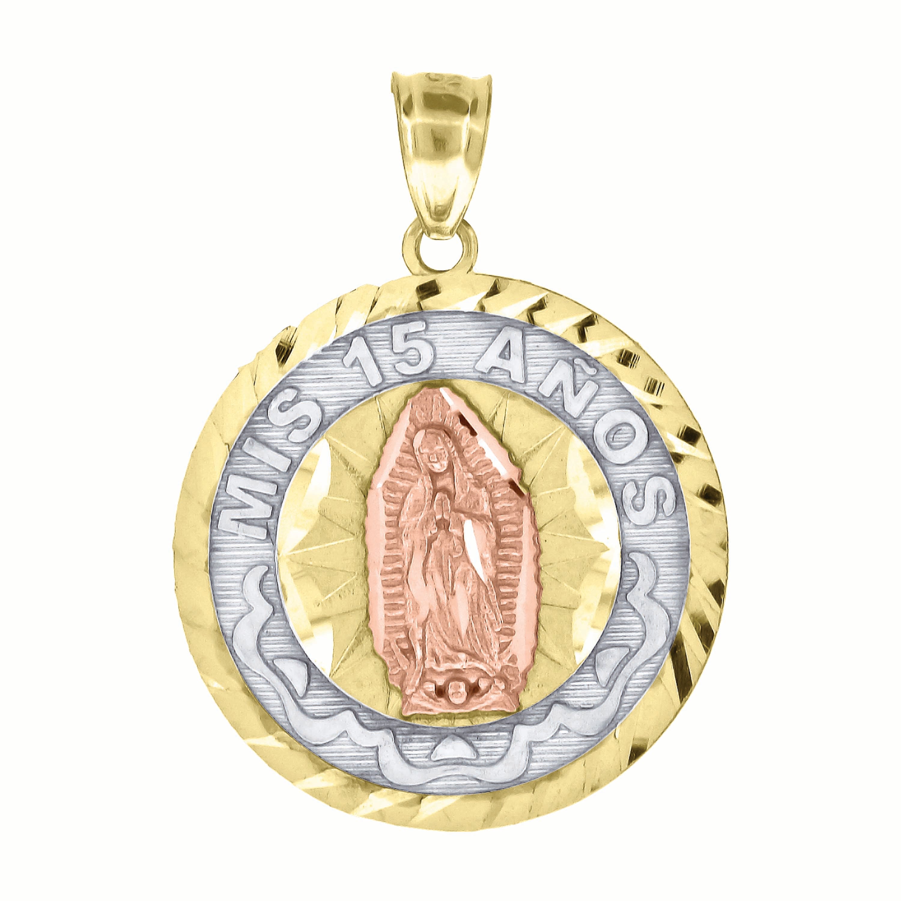 10kt Gold Tri-Color Diamond-Cut Unisex Mis 15 Anos Guadalupe Mary Quinceanera Pendant