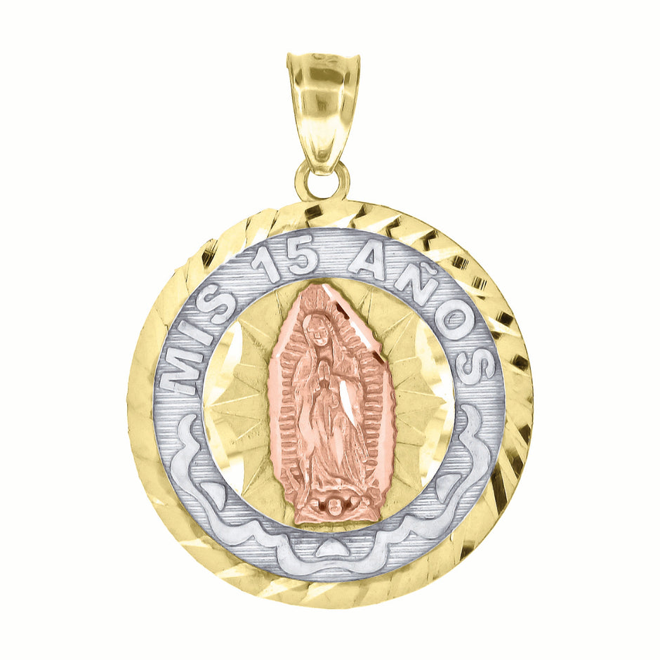 10kt Gold Tri-Color Diamond-Cut Unisex Mis 15 Anos Guadalupe Mary Quinceanera Pendant