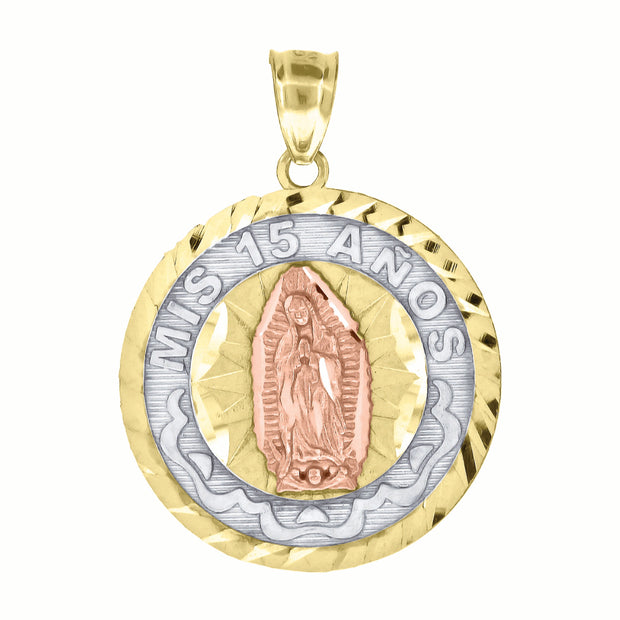 10kt Gold Tri-Color Diamond-Cut Unisex Mis 15 Anos Guadalupe Mary Quinceanera Pendant