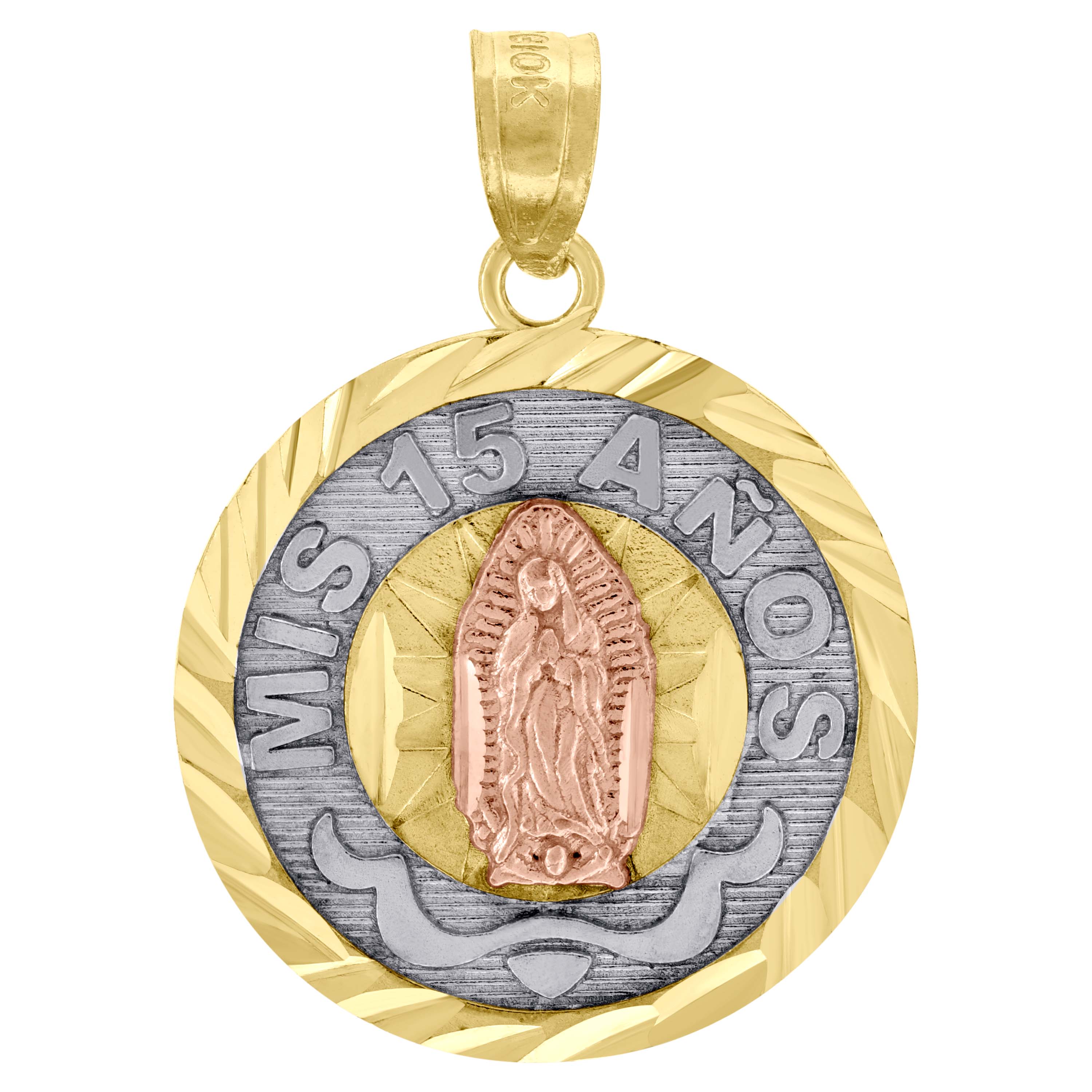 10kt Gold Tri-Color Diamond-Cut Unisex Mis 15 Anos Guadalupe Mary Quinceanera Pendant