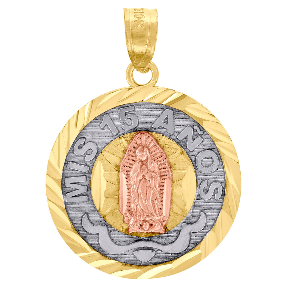 10kt Gold Tri-Color Diamond-Cut Unisex Mis 15 Anos Guadalupe Mary Quinceanera Pendant