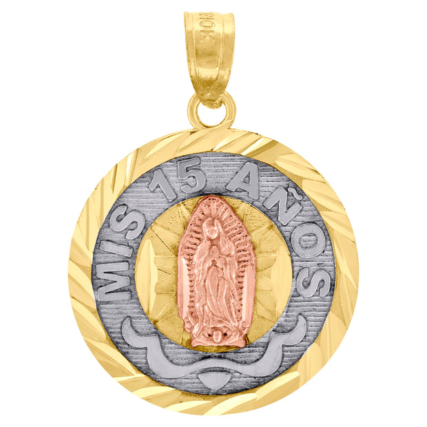 10kt Gold Tri-Color Diamond-Cut Unisex Mis 15 Anos Guadalupe Mary Quinceanera Pendant