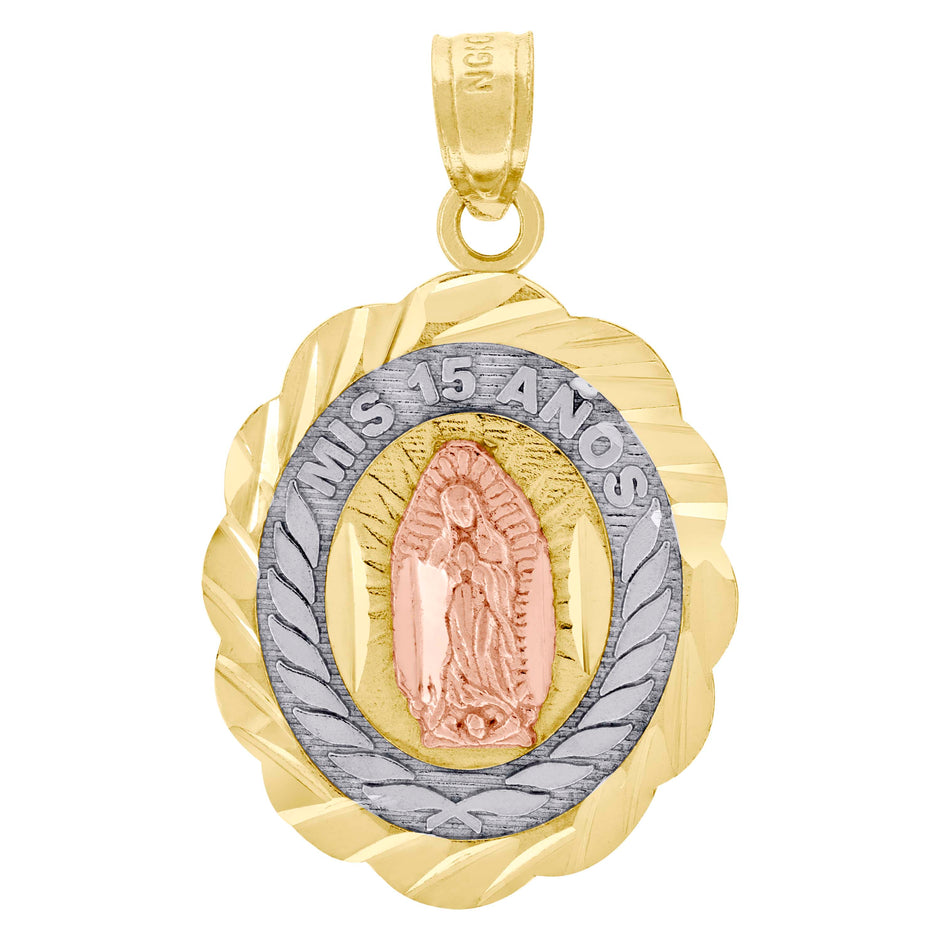 10kt Gold Tri-Color Diamond-Cut Unisex Mis 15 Anos Guadalupe Mary Quinceanera Pendant