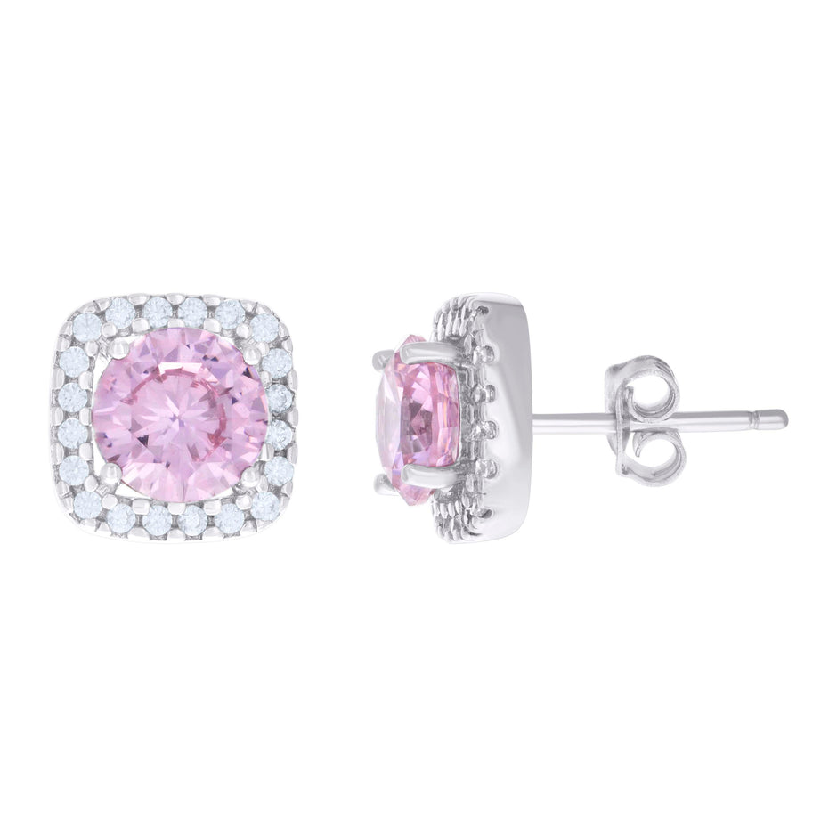 925 Sterling Silver Womens Pink Cubic Zirconia Square Stud Earrings