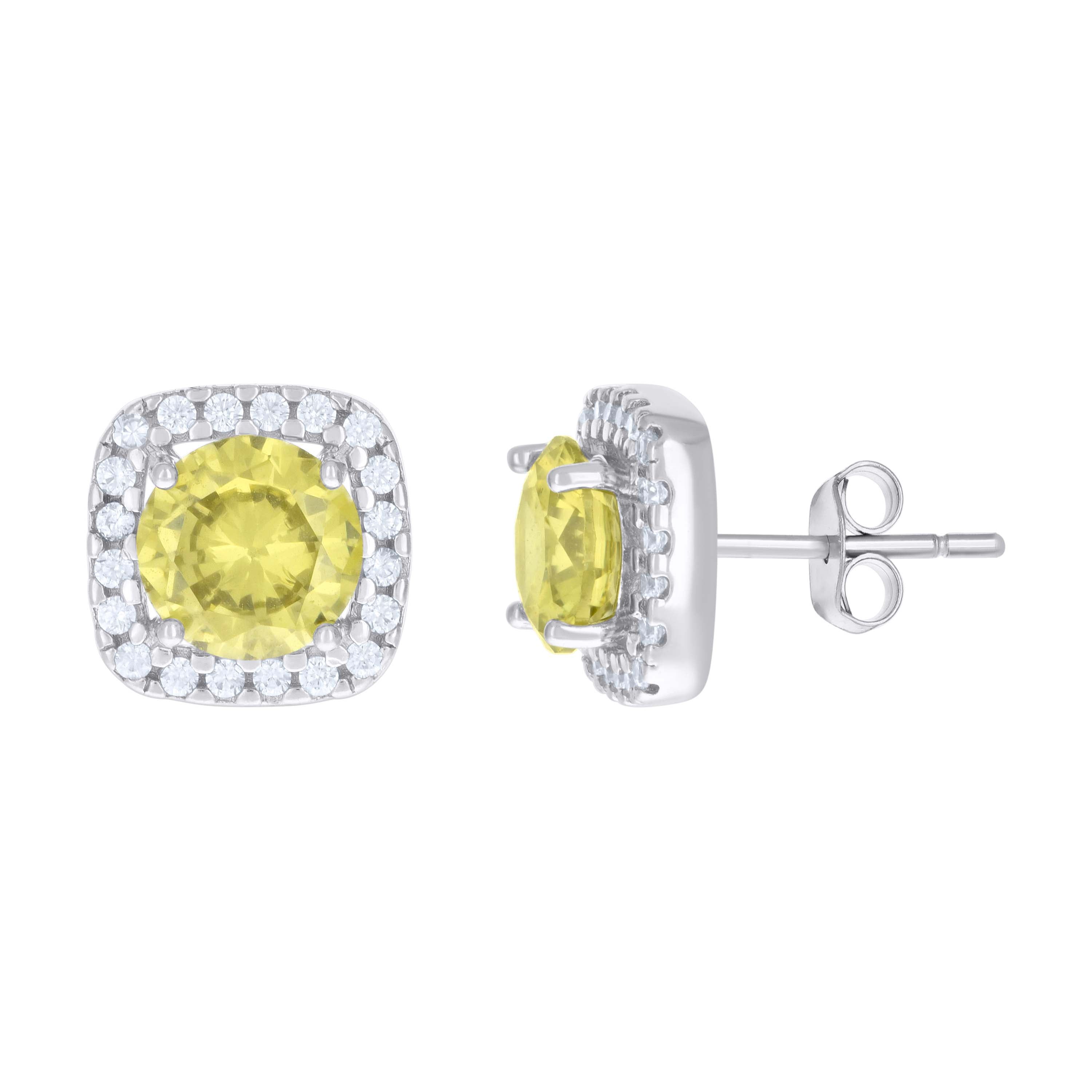 925 Sterling Silver Womens Yellow Cubic Zirconia Square Stud Earrings