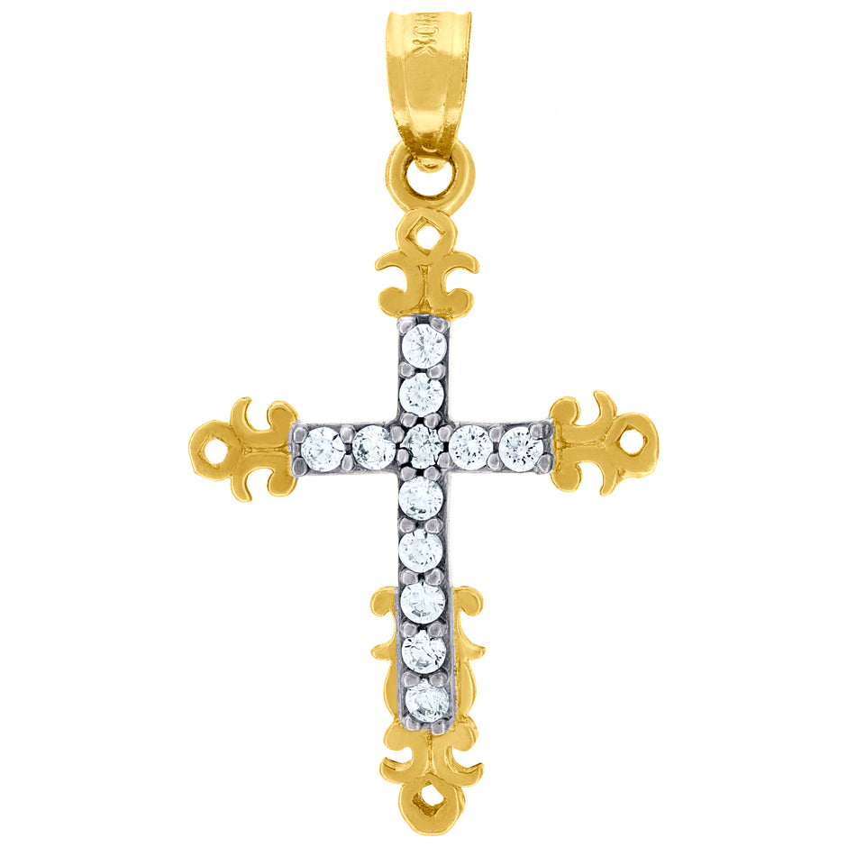 10kt Two-Tone Gold Cubic-Zirconia Unisex Cross Religious Charm Pendant