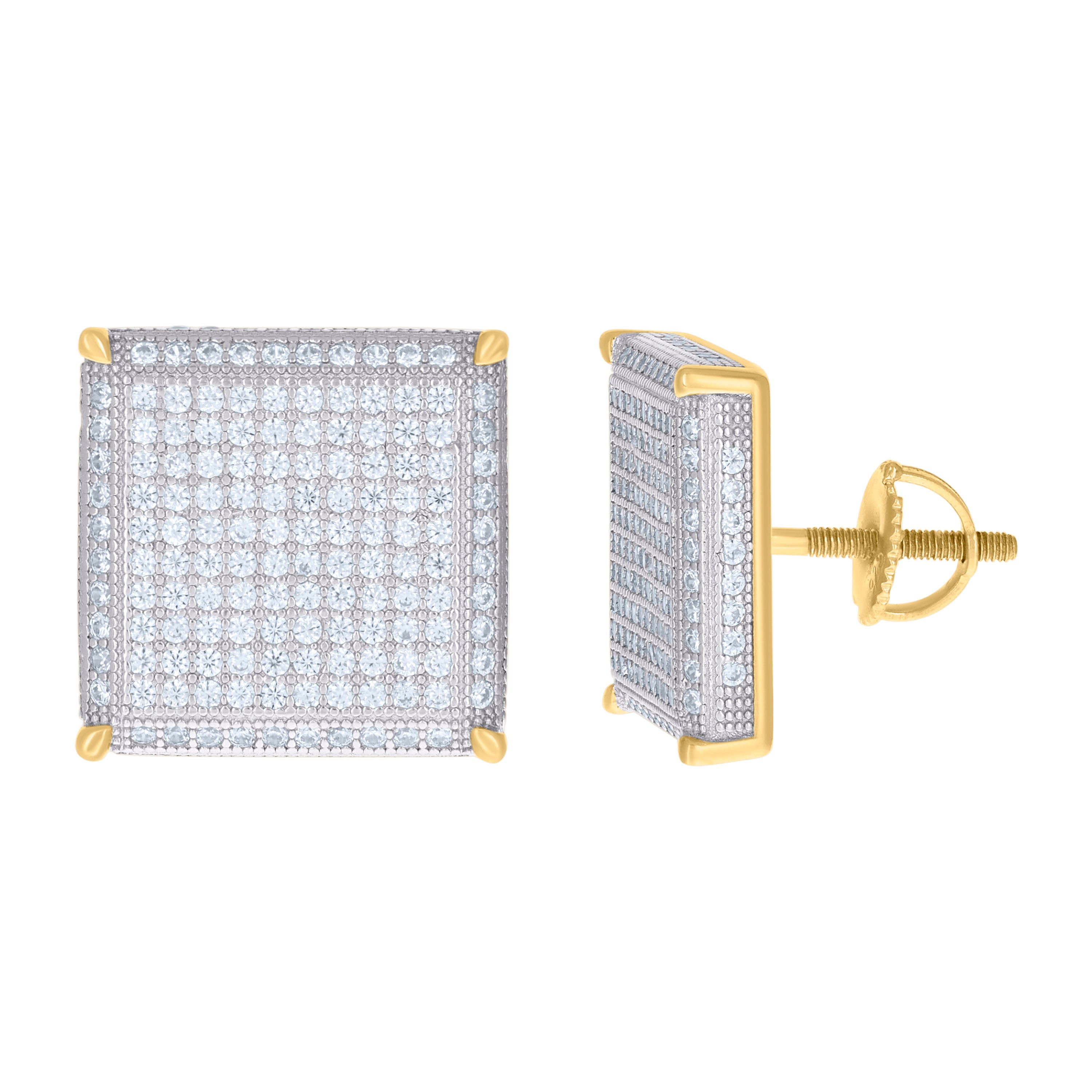 925 Sterling Silver Yellow-Tone Womens Cubic Zirconia Square Stud Earrings