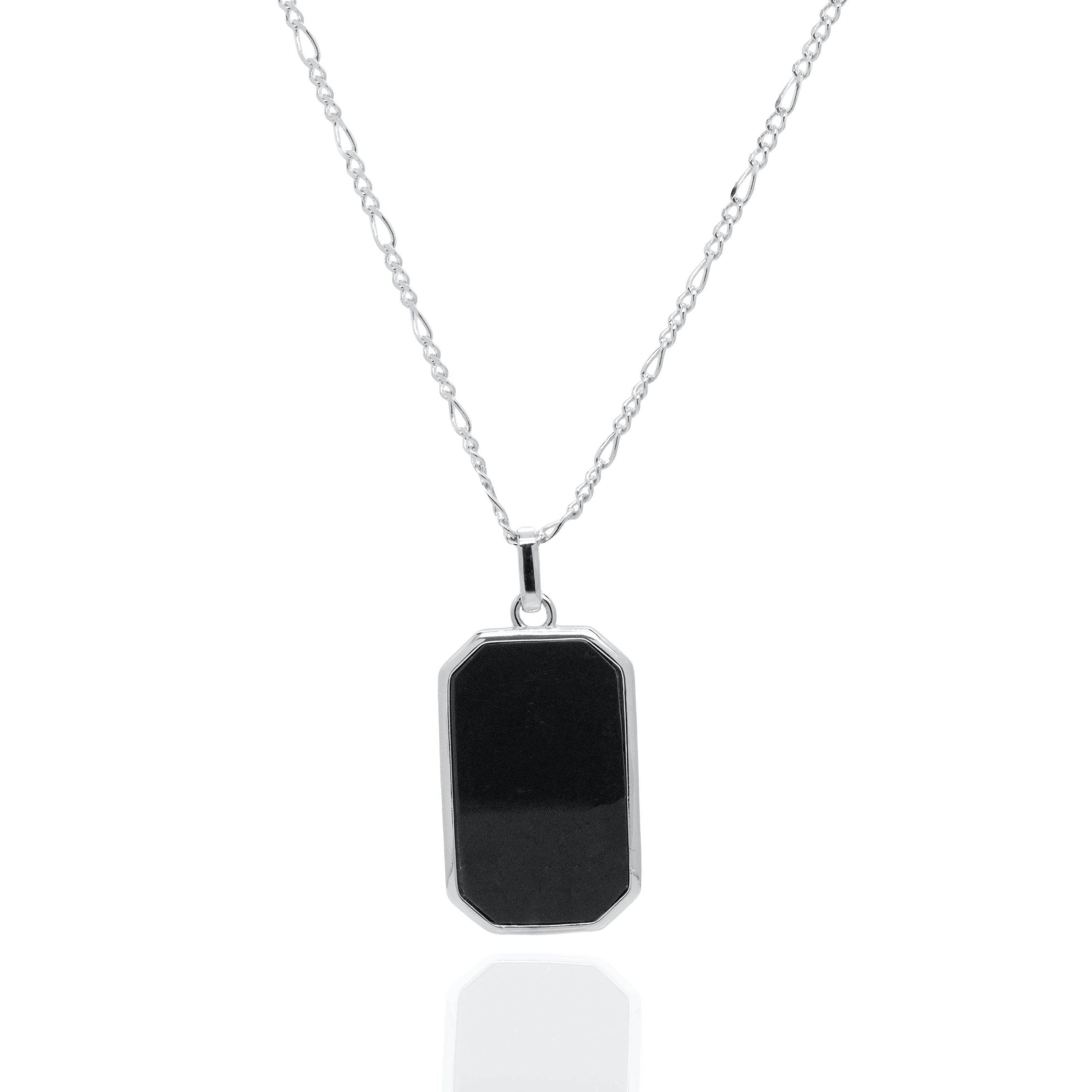 Rhodium Plated Black Onyx Tag Necklace