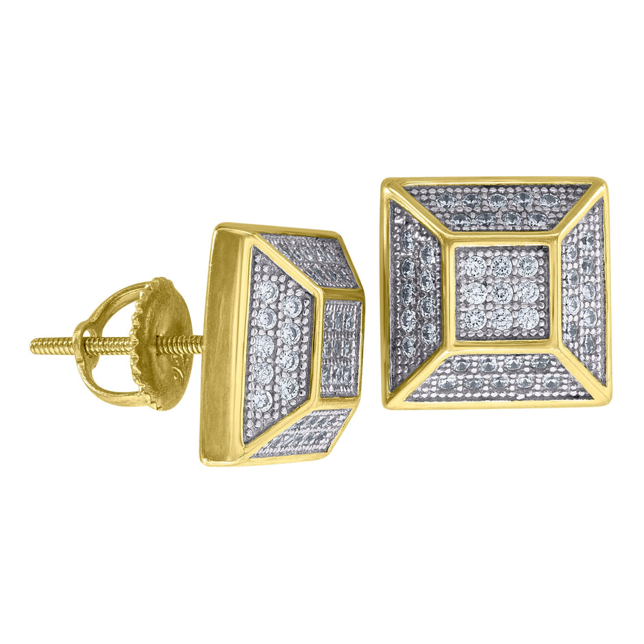 925 Sterling Silver Yellow-Tone Unisex Cubic Zirconia Pyramid Stud Earrings