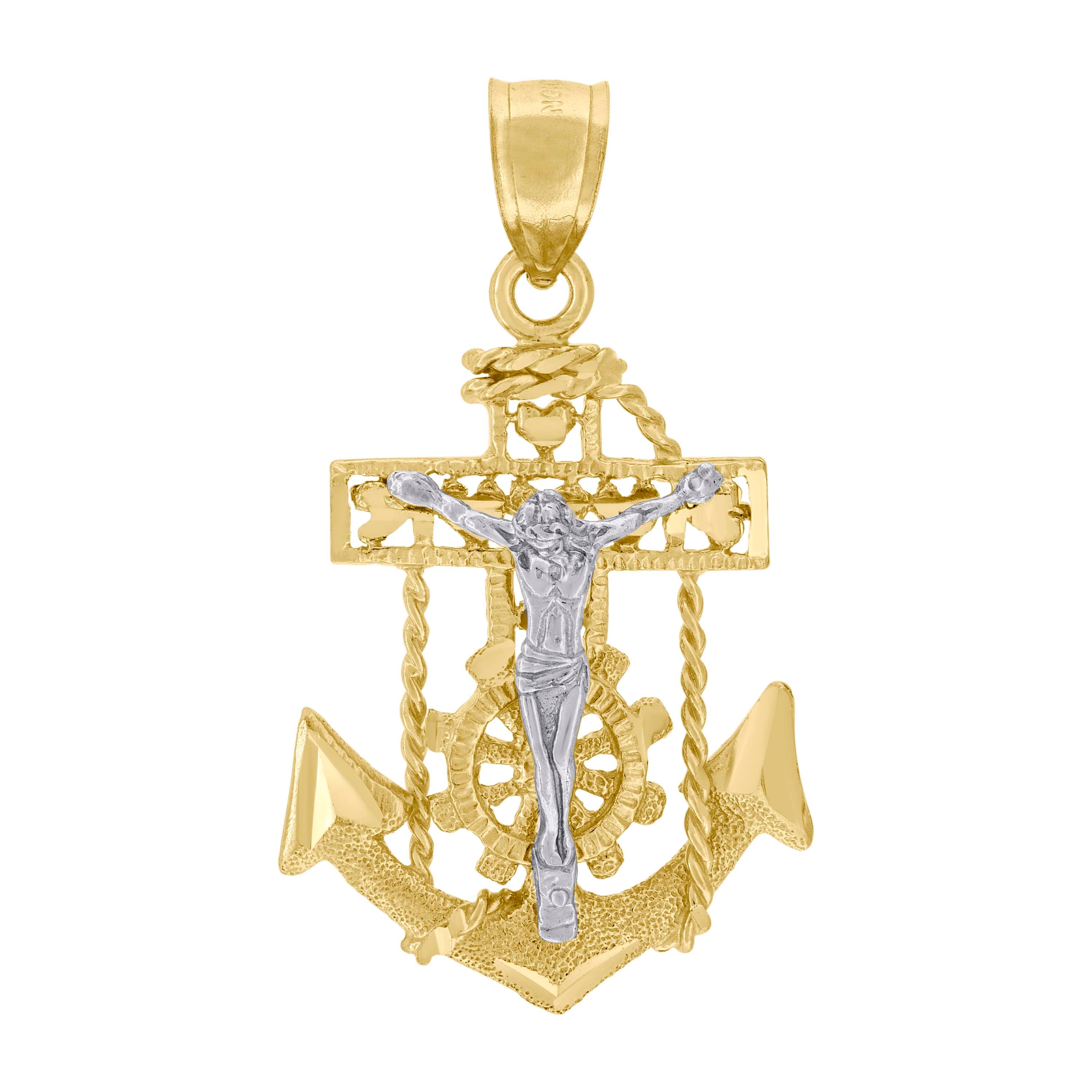 10kt Two-Tone Gold Unisex Diamond-Cut Crucifix Anchor Cross Religious Charm Pendant