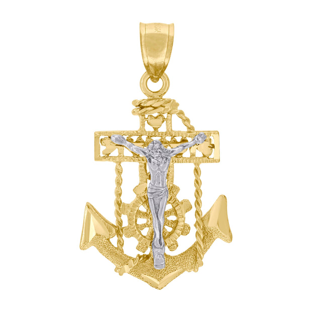 10kt Two-Tone Gold Unisex Diamond-Cut Crucifix Anchor Cross Religious Charm Pendant