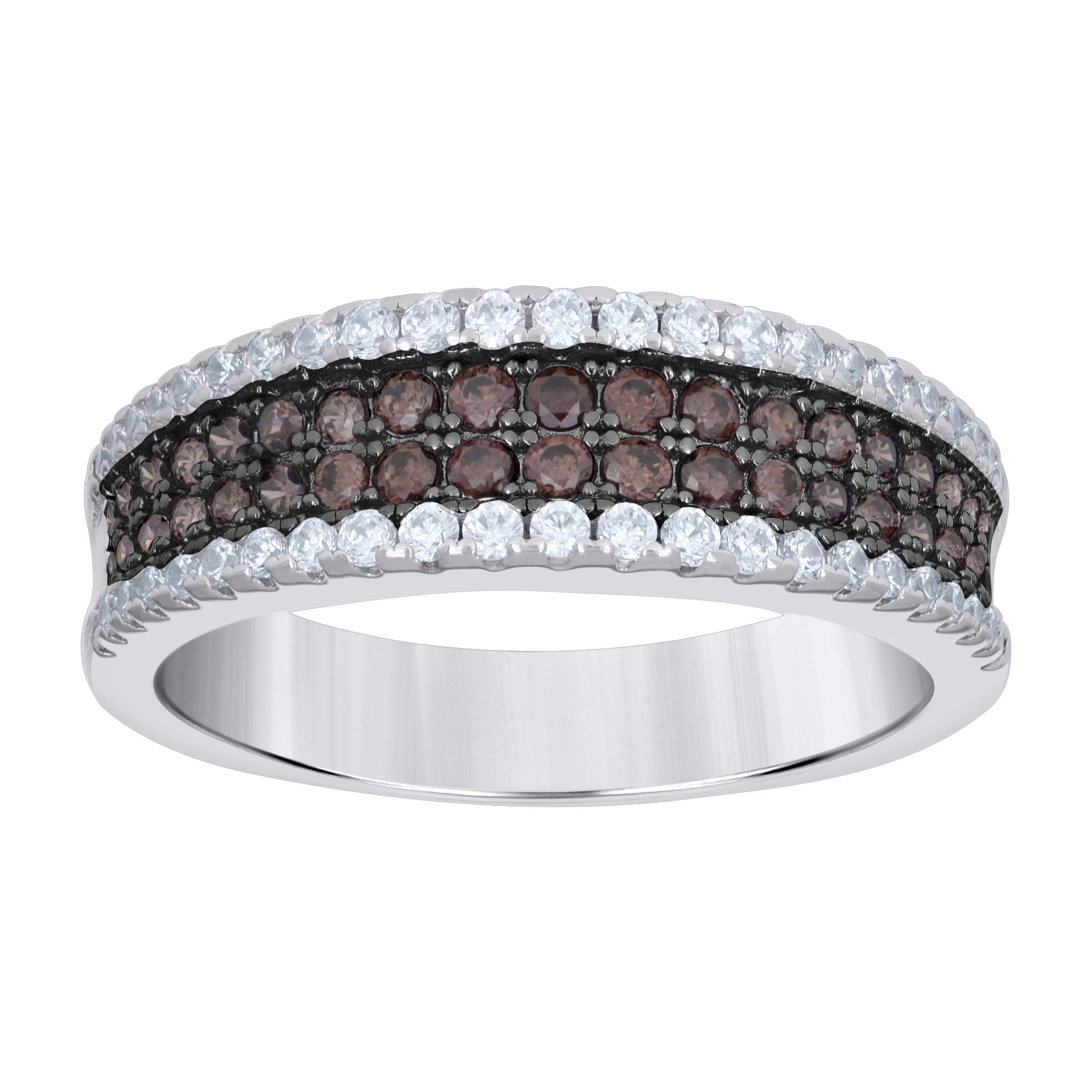 925 Sterling Silver Mens White Brown Cubic-Zirconia 4 Rows Wedding Band Ring Size 9 - SLV-33333
