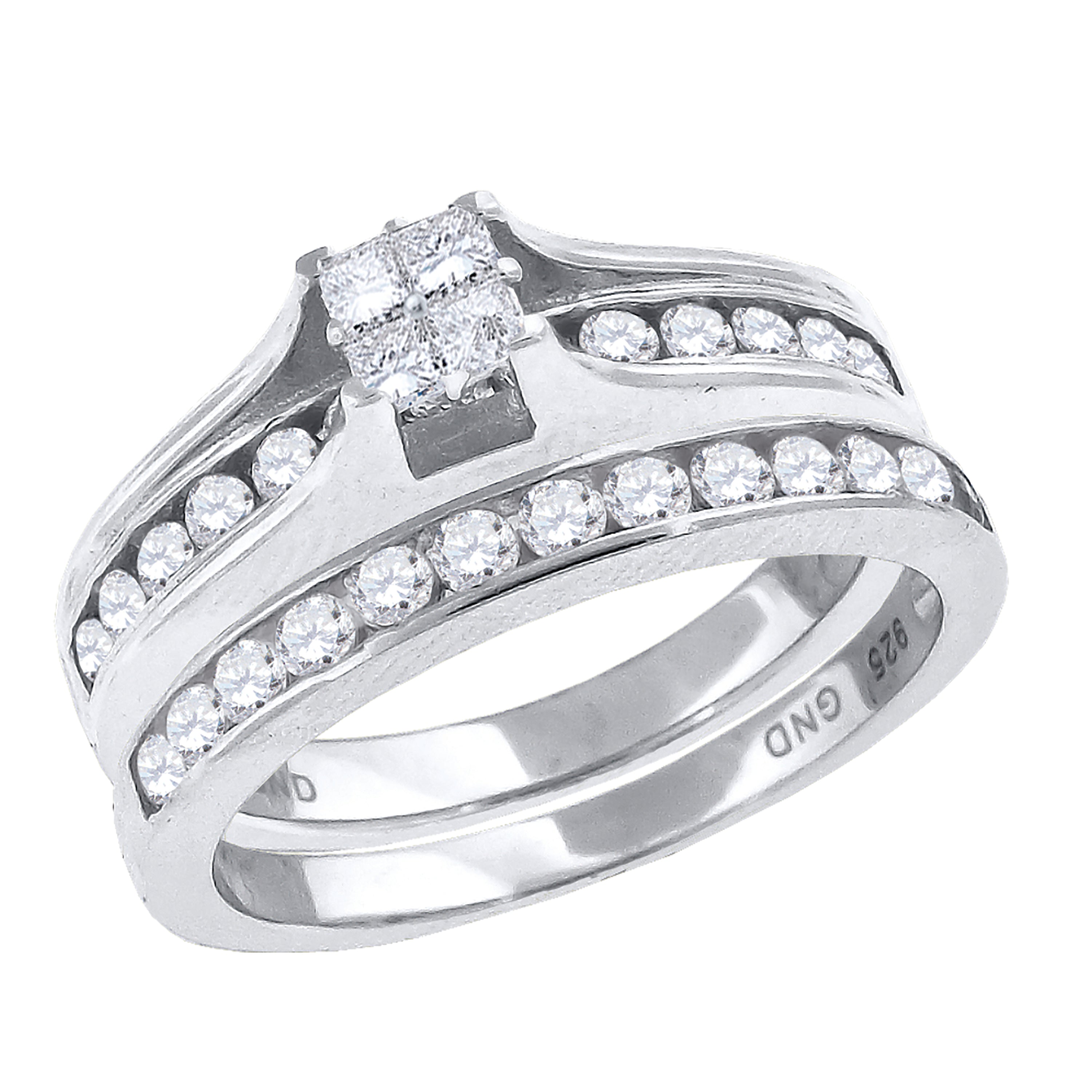 925 Sterling Silver Womens CZ Size-9 Princess-Cut Center Stones Square Head Bridal Set Wedding Engagement Band Ring - SLV-53231
