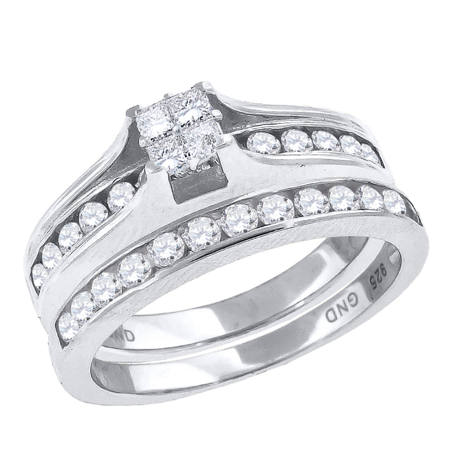 925 Sterling Silver Womens CZ Size-8 Princess-Cut Center Stones Square Head Bridal Set Wedding Engagement Band Ring - SLV-53230