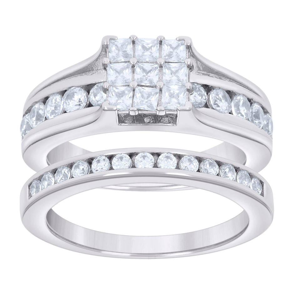 925 Sterling Silver Womens CZ Size-9 Princess-Cut Center Stones Square Head Bridal Set Wedding Engagement Band Ring - SLV-53236
