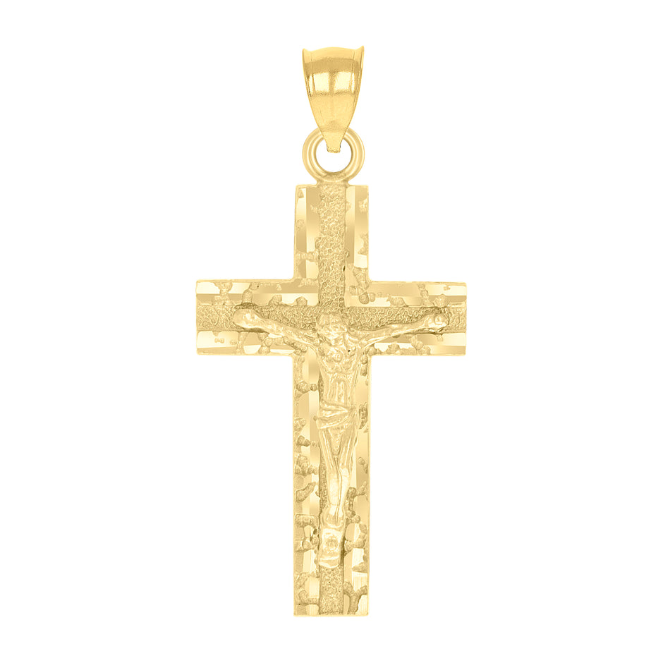 10kt Yellow Gold Mens Textured Nugget Crucifix Cross Religious Charm Pendant