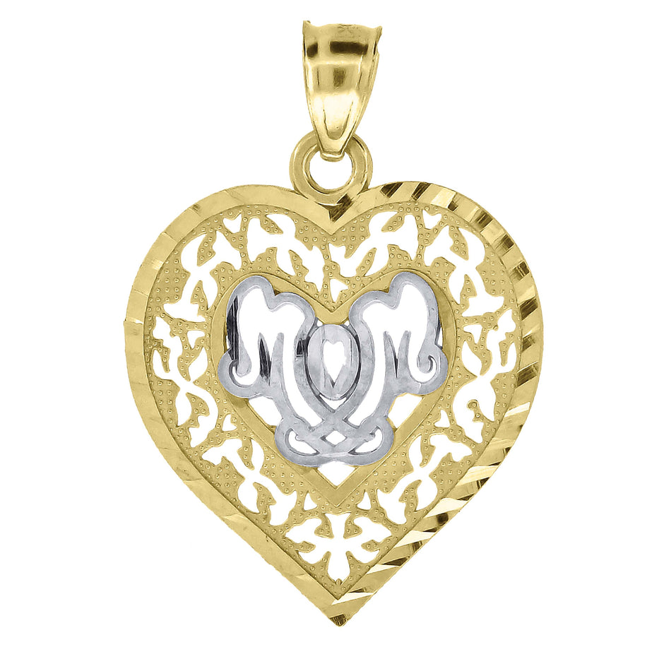 10kt Gold Two-Tone Diamond-Cut Womens Mom Heart Charm Pendant