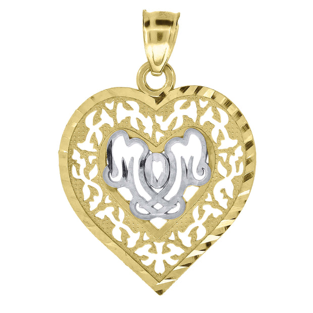 10kt Gold Two-Tone Diamond-Cut Womens Mom Heart Charm Pendant