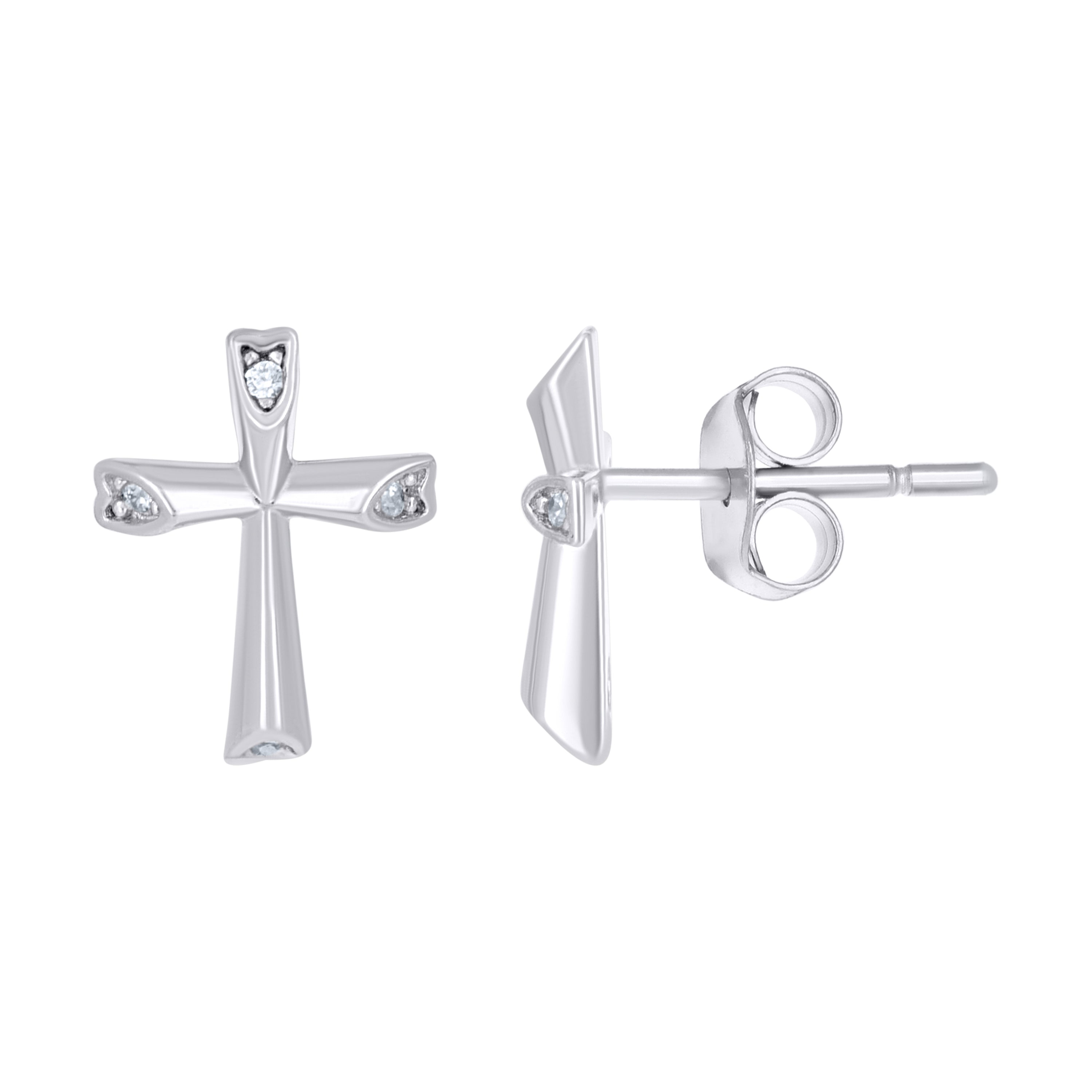 925 Sterling Silver Womens Cubic Zirconia Cross Religious Stud Earrings