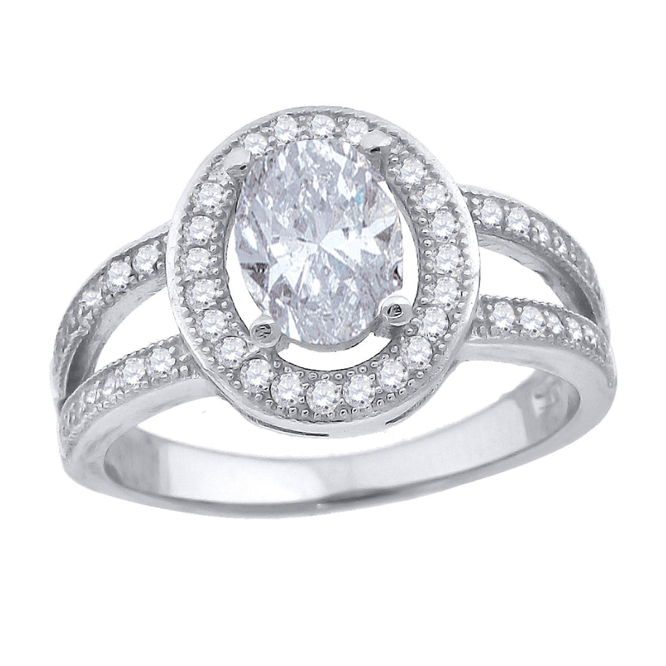 925 Sterling Silver Womens Cubic Zirconia Oval Halo Engagement Ring Size 6