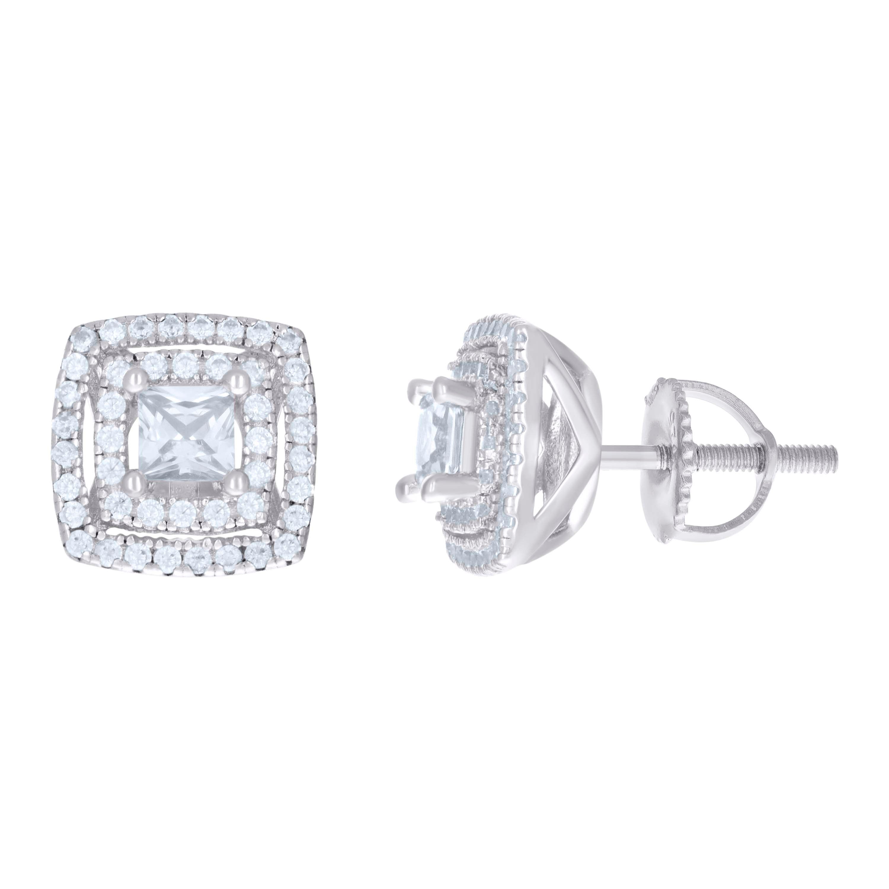 925 Sterling Silver Womens Cubic Zirconia Halo Square Stud Earrings