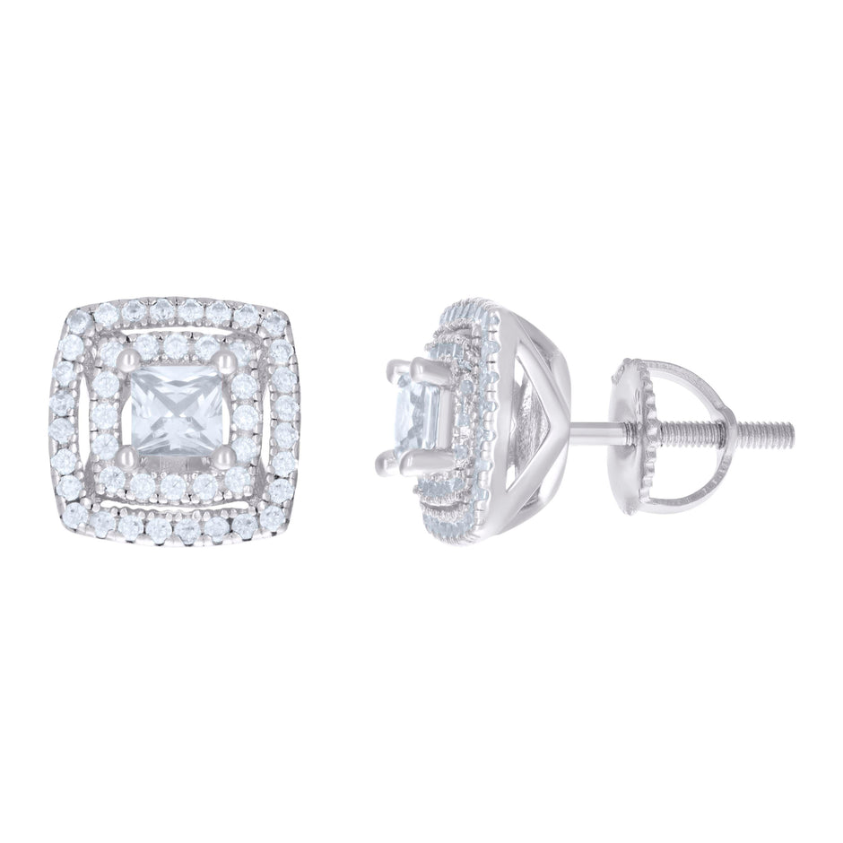 925 Sterling Silver Womens Cubic Zirconia Halo Square Stud Earrings