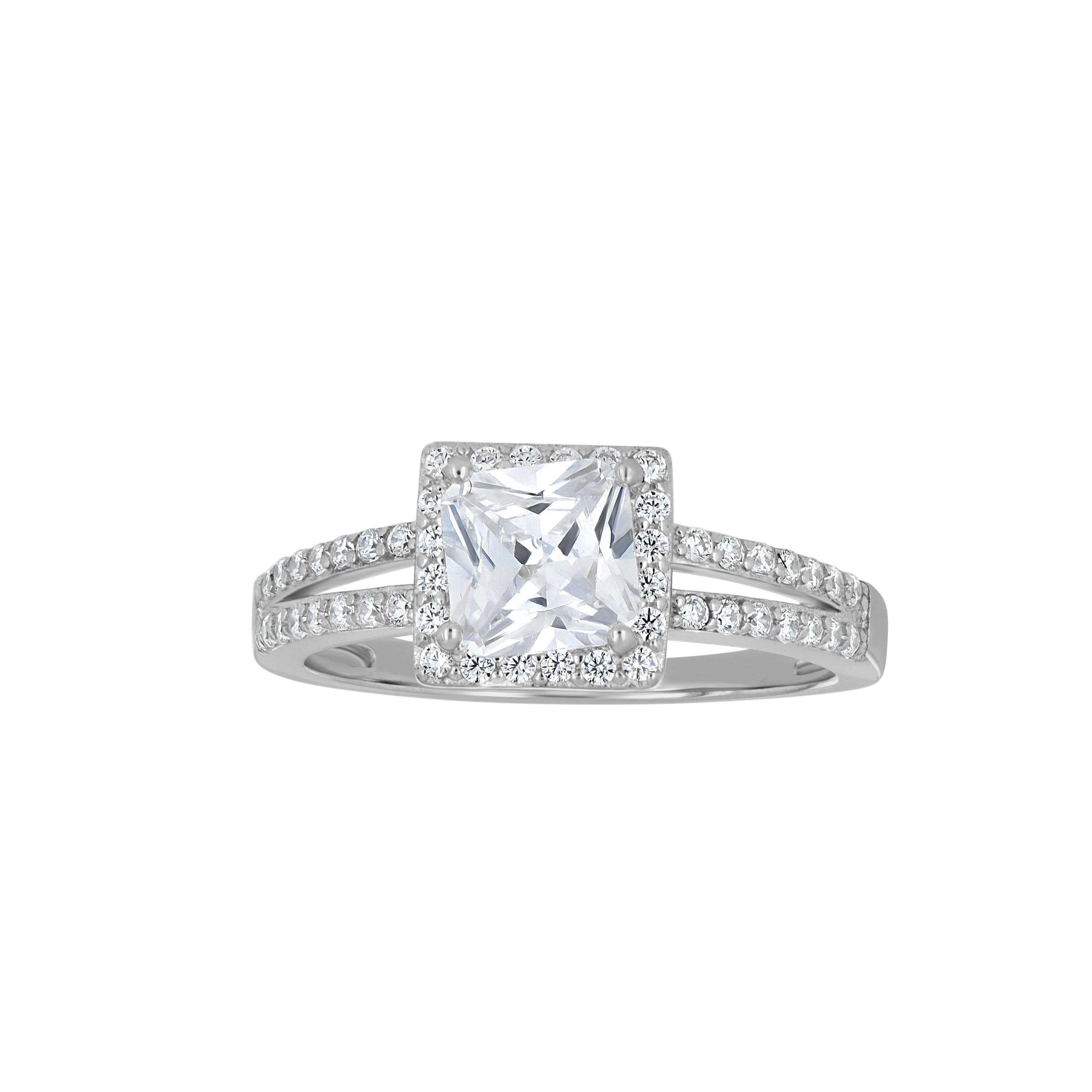 925 Sterling Silver Womens Cubic Zirconia Size-7 Princess-Cut White Stone Center Ring Band