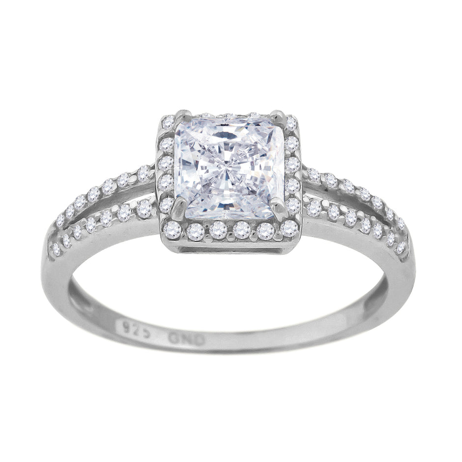 925 Sterling Silver Womens Cubic Zirconia Size-8 Princess-Cut White Stone Center Ring Band - SLV-57357