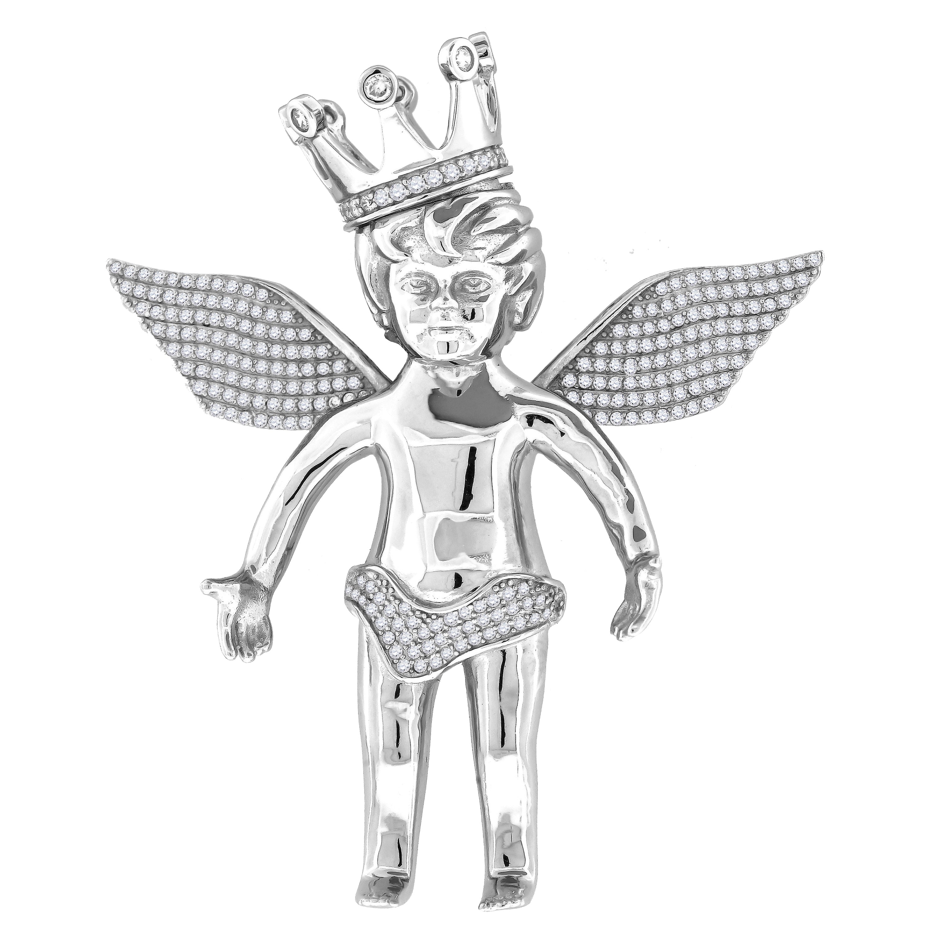 925 Sterling Silver Mens Cubic Zirconia Religious Angel Crown Charm Pendant