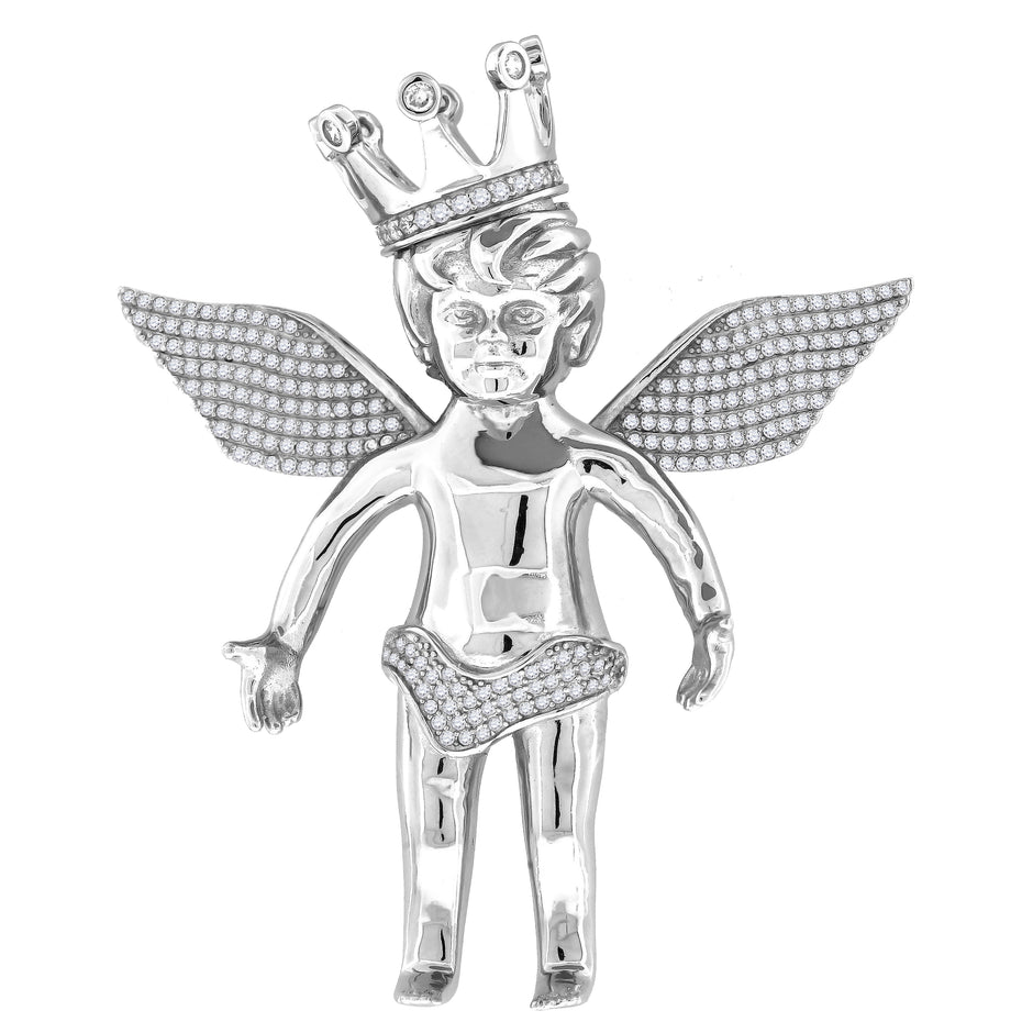 925 Sterling Silver Mens Cubic Zirconia Religious Angel Crown Charm Pendant