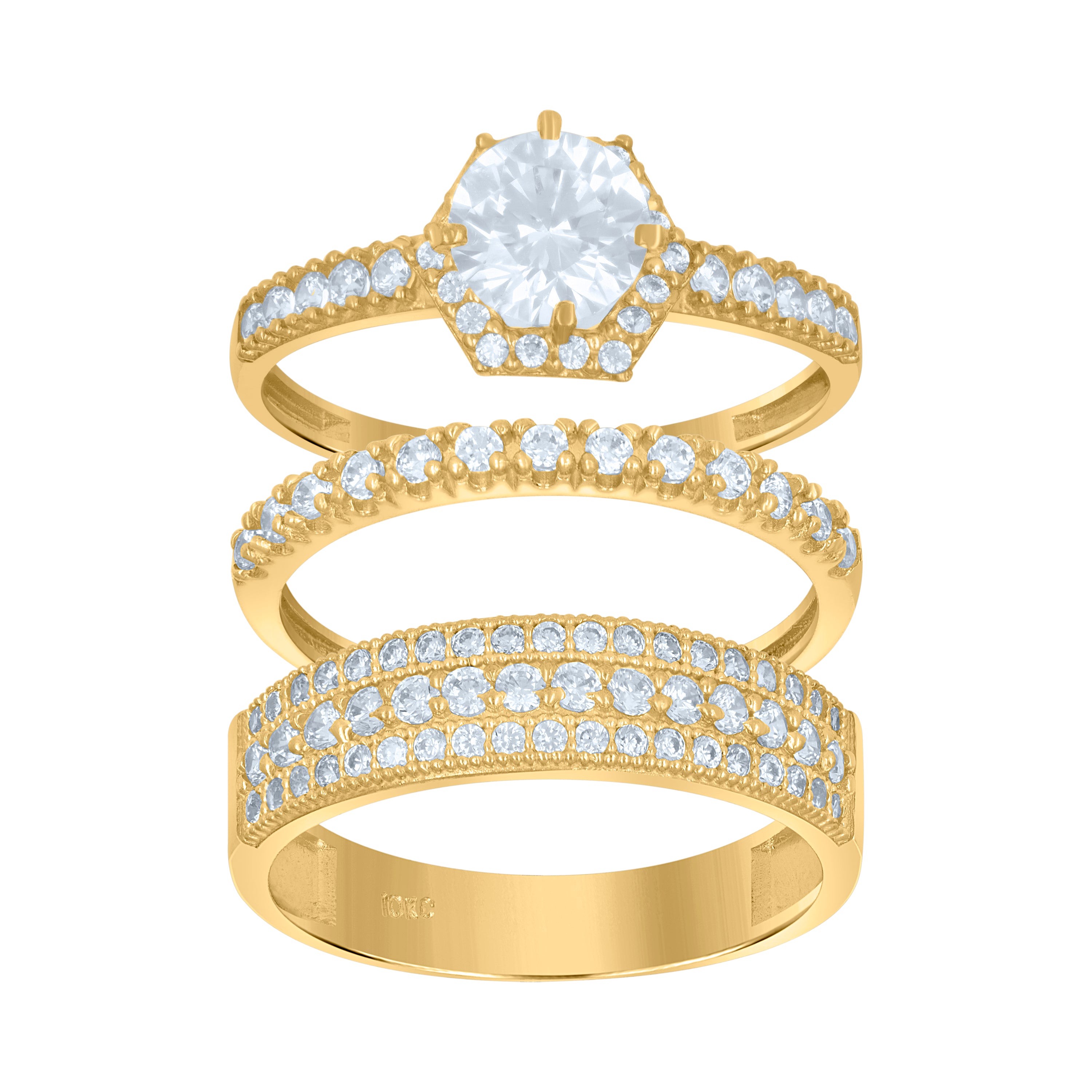 10kt Two-Tone Gold Womens Round Cubic Zirconia Halo Trio Ring Set