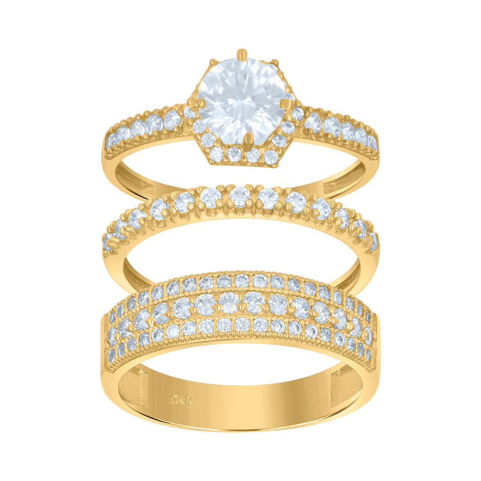 10kt Two-Tone Gold Womens Round Cubic Zirconia Halo Trio Ring Set