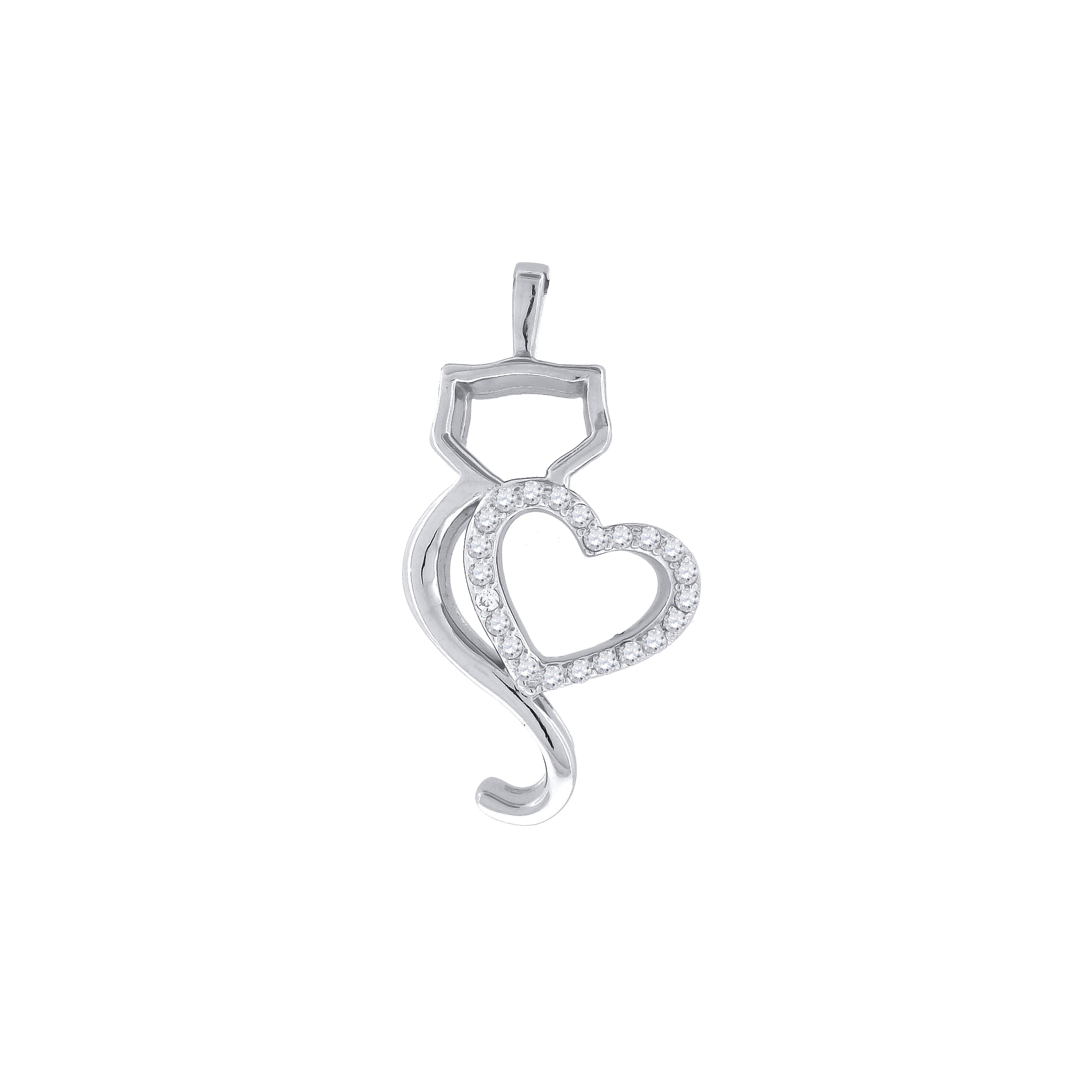 925 Sterling Silver Womens Cubic Zirconia Animal Cat With Heart Charm Pendant
