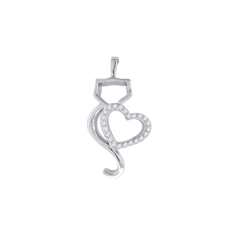 925 Sterling Silver Womens Cubic Zirconia Animal Cat With Heart Charm Pendant