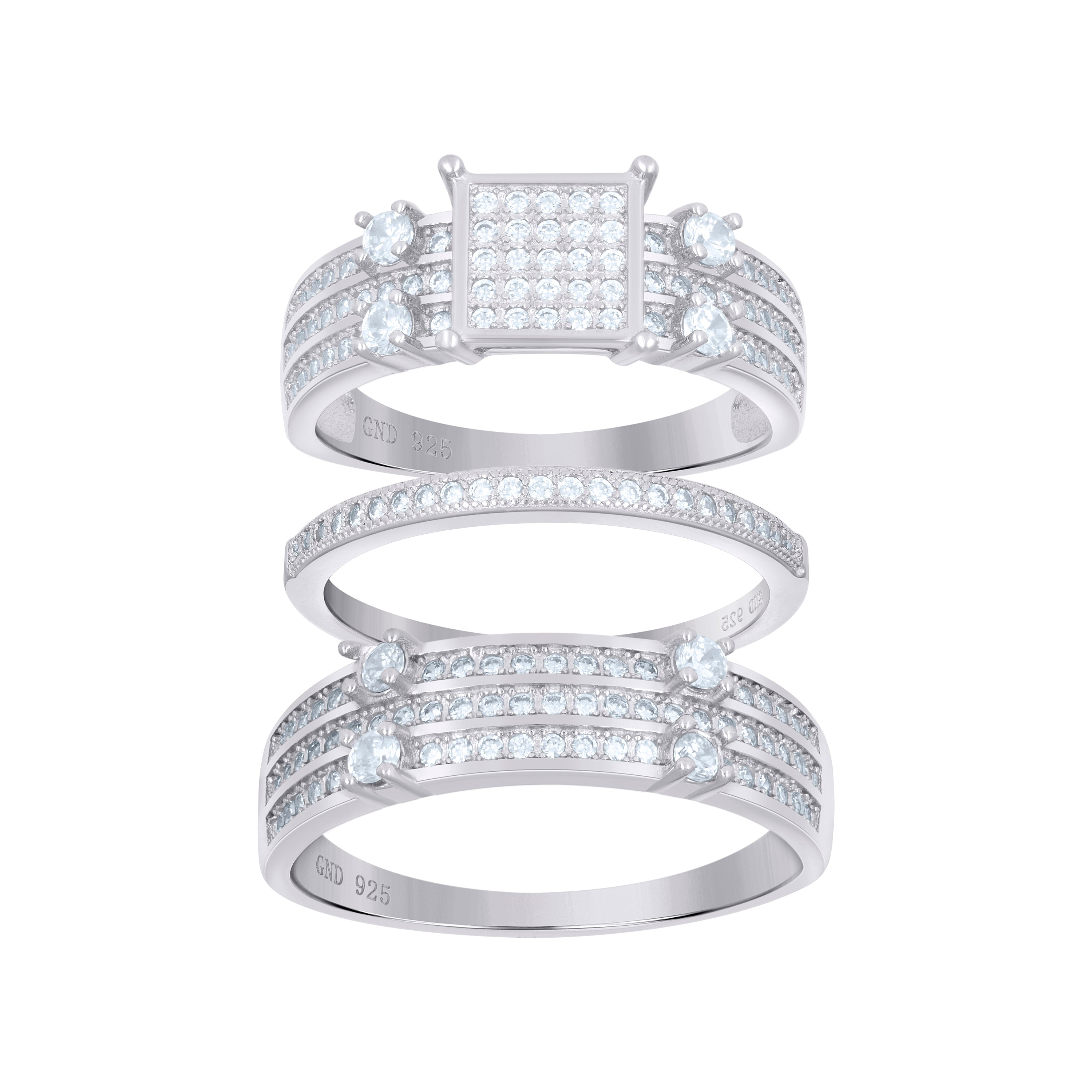 925 Sterling Silver His & Hers Cubic-Zirconia Square Head Trio Ring Set Size 7 - SLV-60471