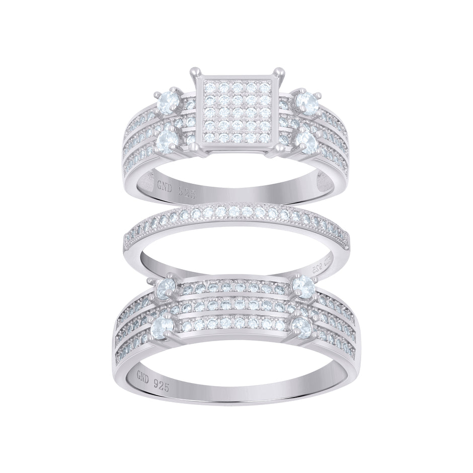 925 Sterling Silver His & Hers Cubic-Zirconia Square Head Trio Ring Set Size 7 - SLV-60471