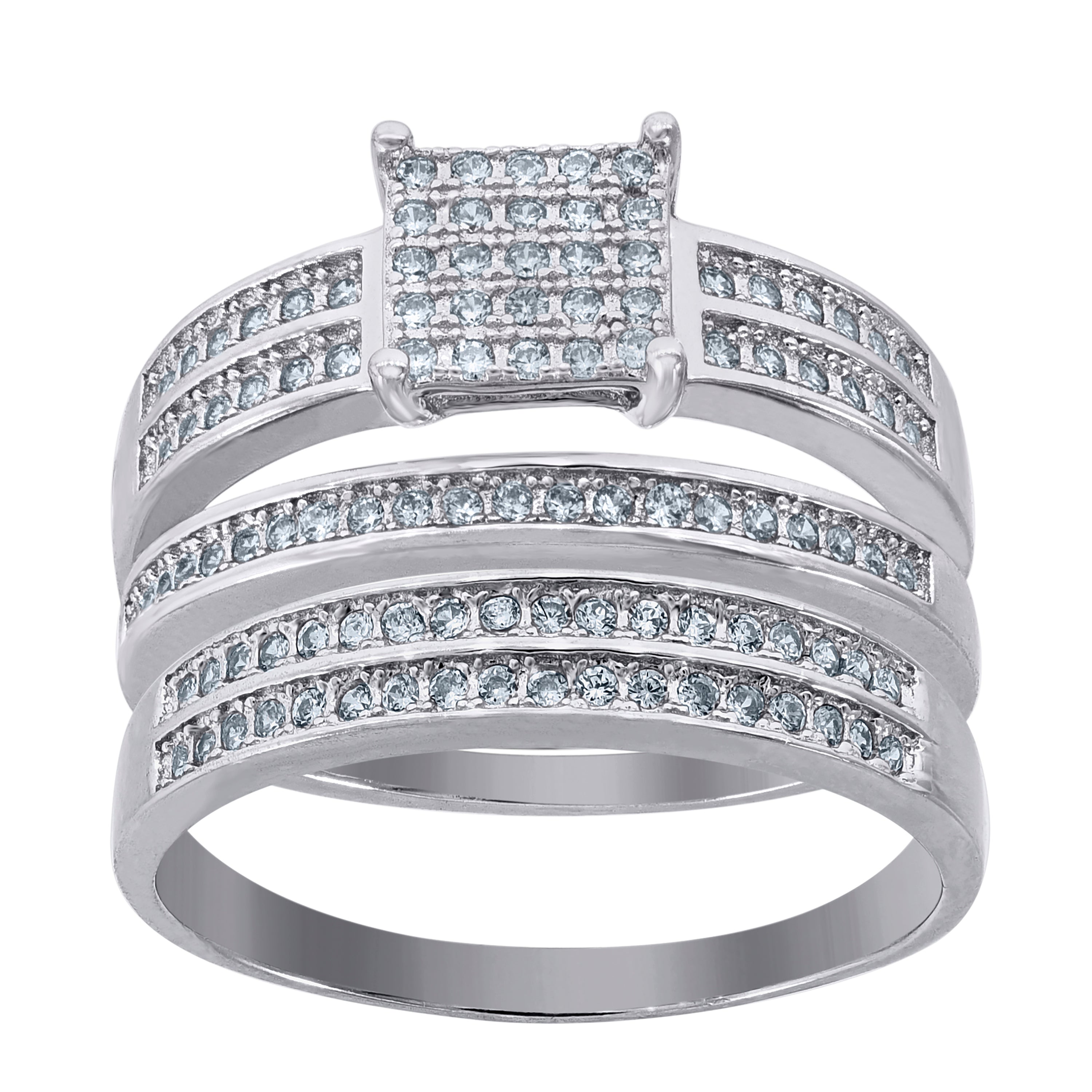 925 Sterling Silver His & Hers Cubic-Zirconia Square Head Trio Ring Set Size 8