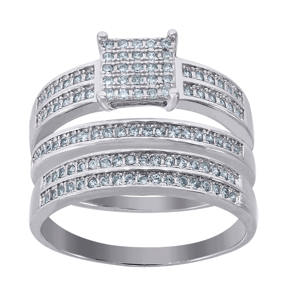 925 Sterling Silver His & Hers Cubic-Zirconia Square Head Trio Ring Set Size 8