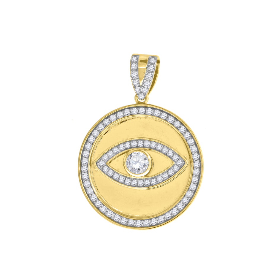 925 Sterling Silver Yellow-Tone Mens Cubic Zirconia Good Luck Evil Eye Charm Pendant