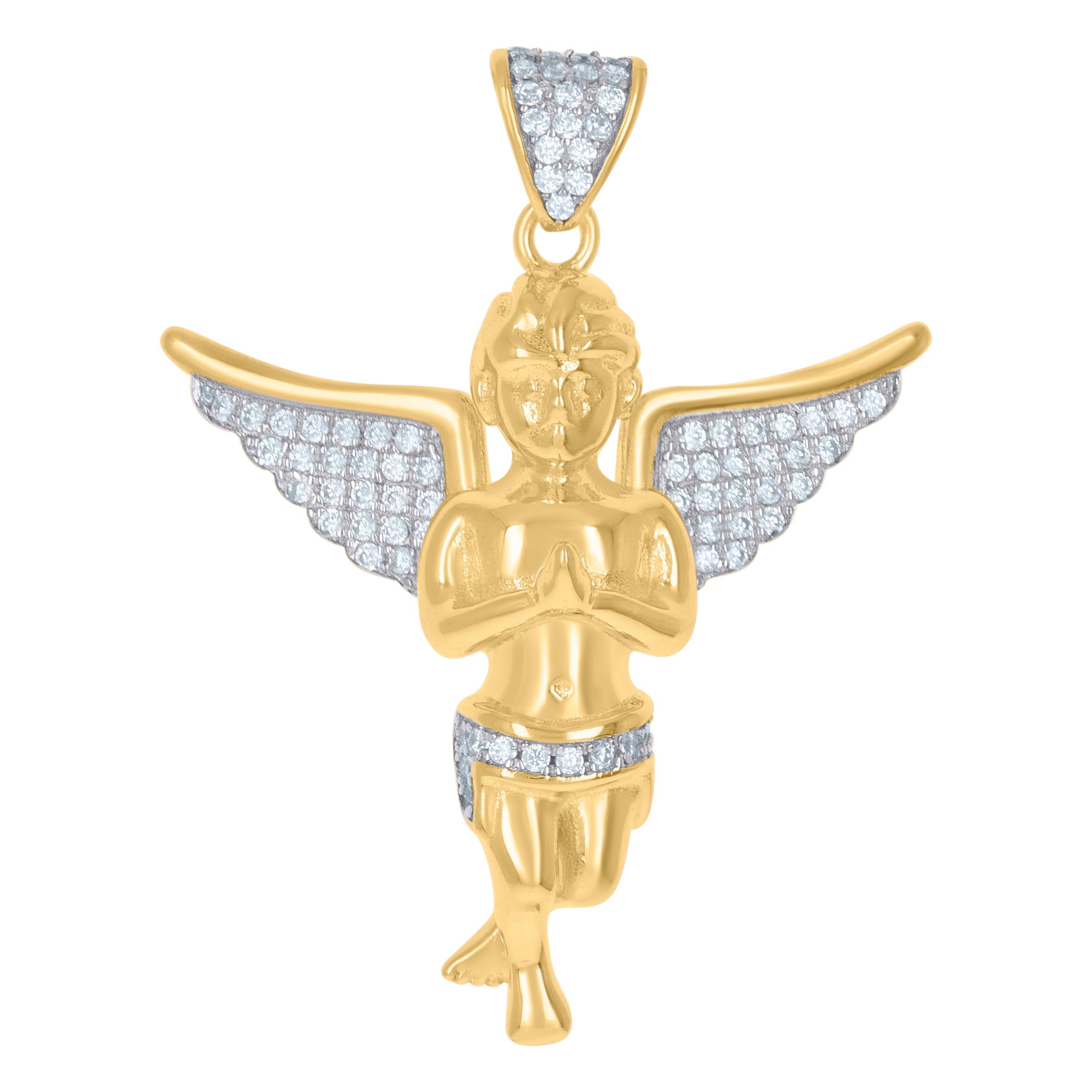 925 Sterling Silver Yellow-Tone Mens Cubic Zirconia Religious Praying Angel Charm Pendant