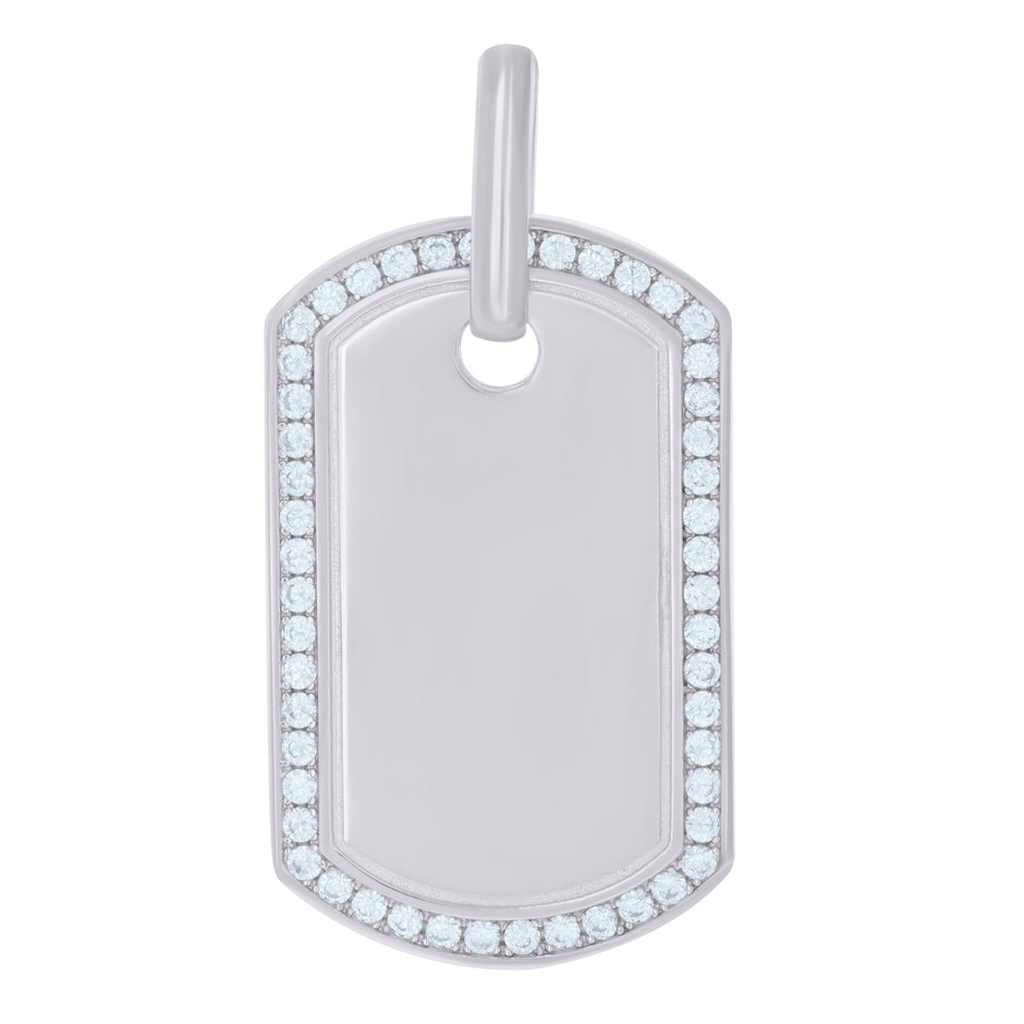 925 Sterling Silver Mens Cubic Zirconia Dog Tag Charm Pendant