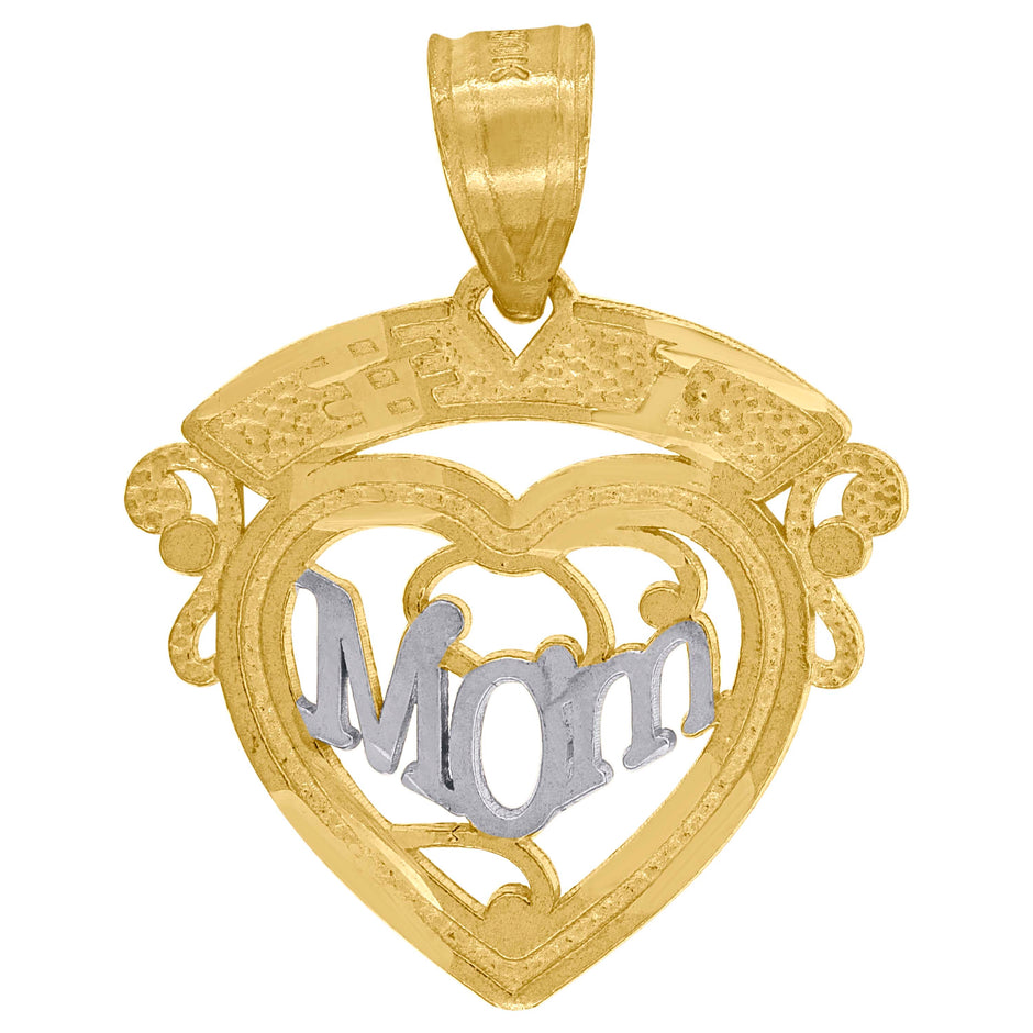 10kt Gold Two-Tone Diamond-Cut Womens Heart Mom Charm Pendant