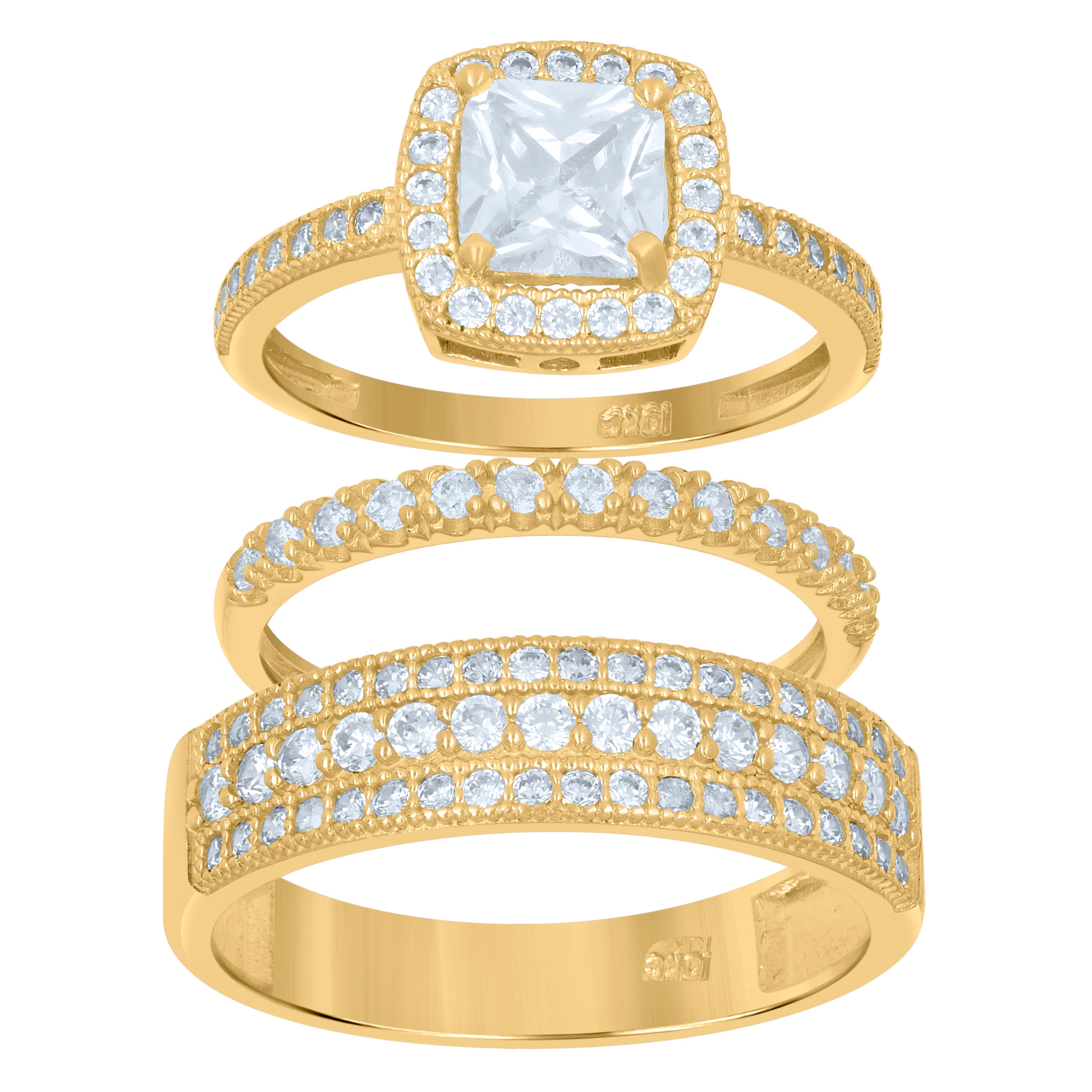 10kt Two-Tone Gold Womens Princess-Cut Cubic Zirconia Halo Trio Ring Set
