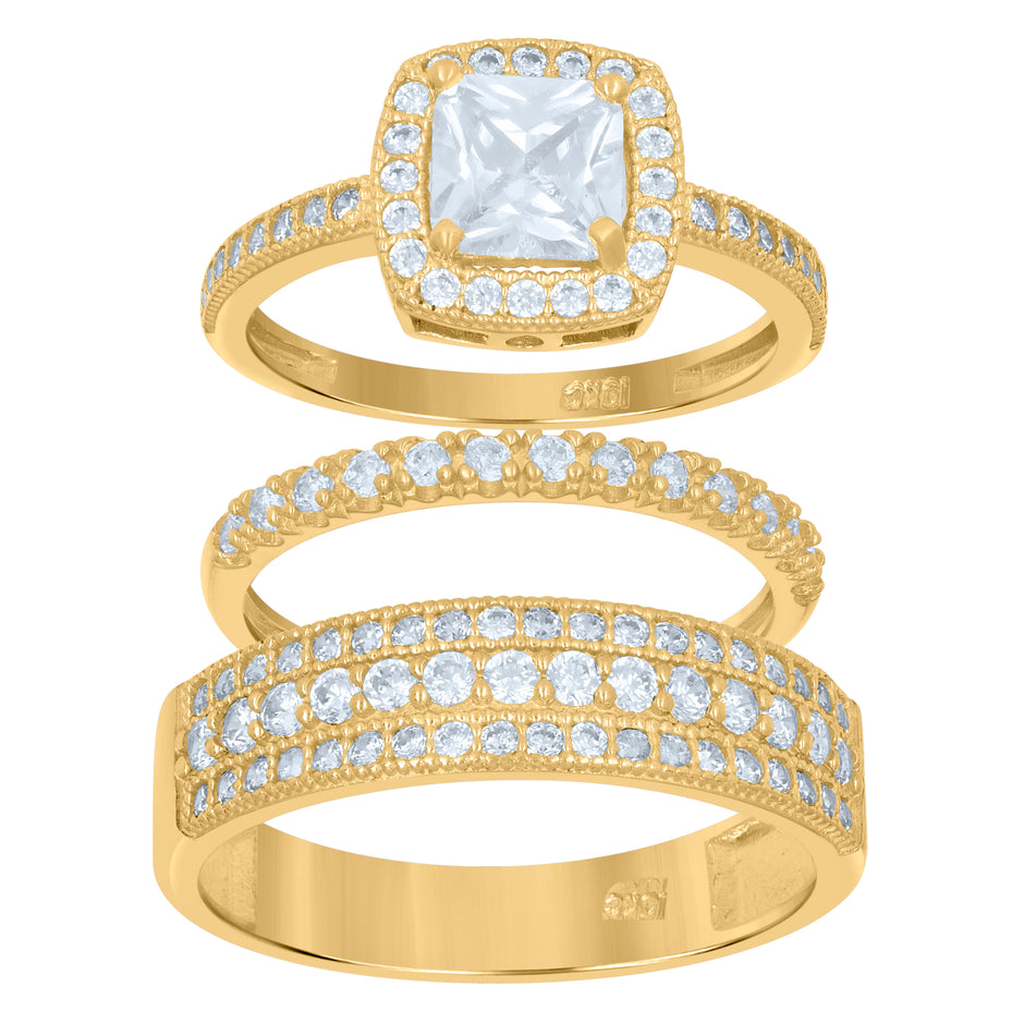 10kt Two-Tone Gold Womens Princess-Cut Cubic Zirconia Halo Trio Ring Set
