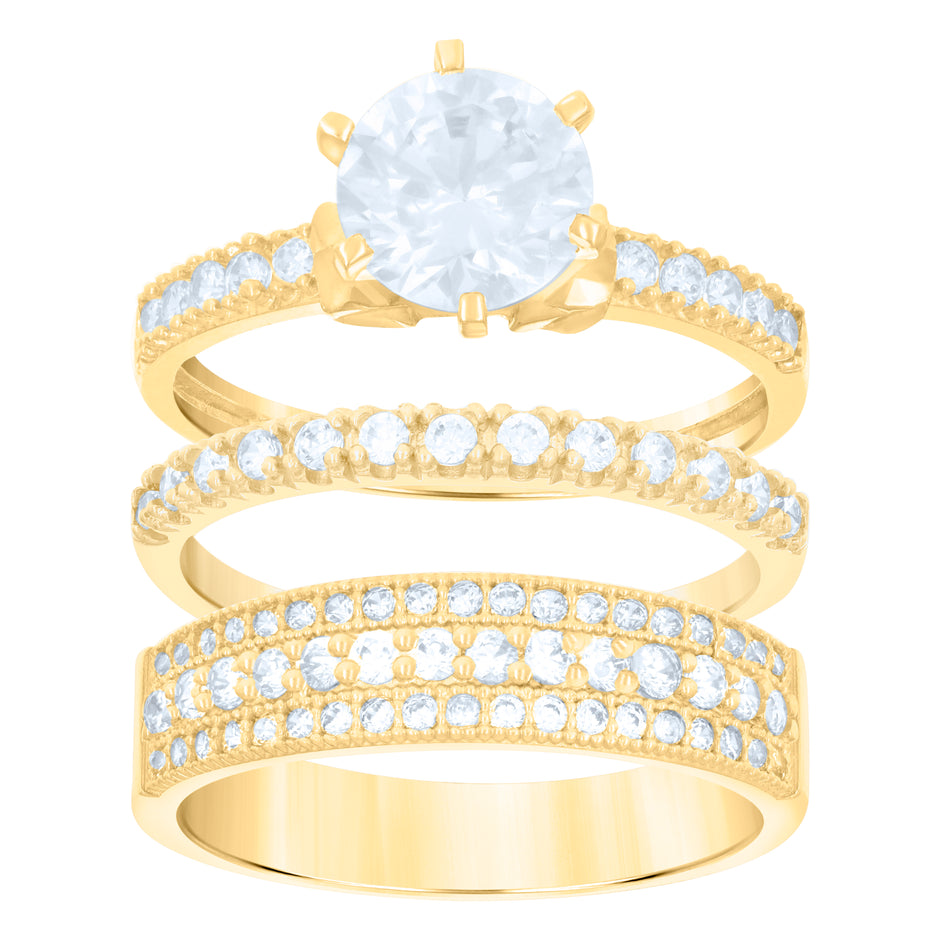 10kt Two-Tone Gold Womens Round Cubic Zirconia Halo Trio Ring Set