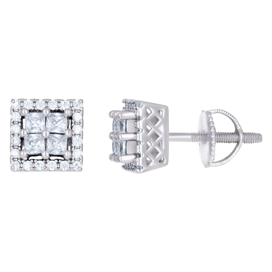 925 Sterling Silver Unisex Princess-Cut Cubic-Zirconia Square Fashion Stud Earrings