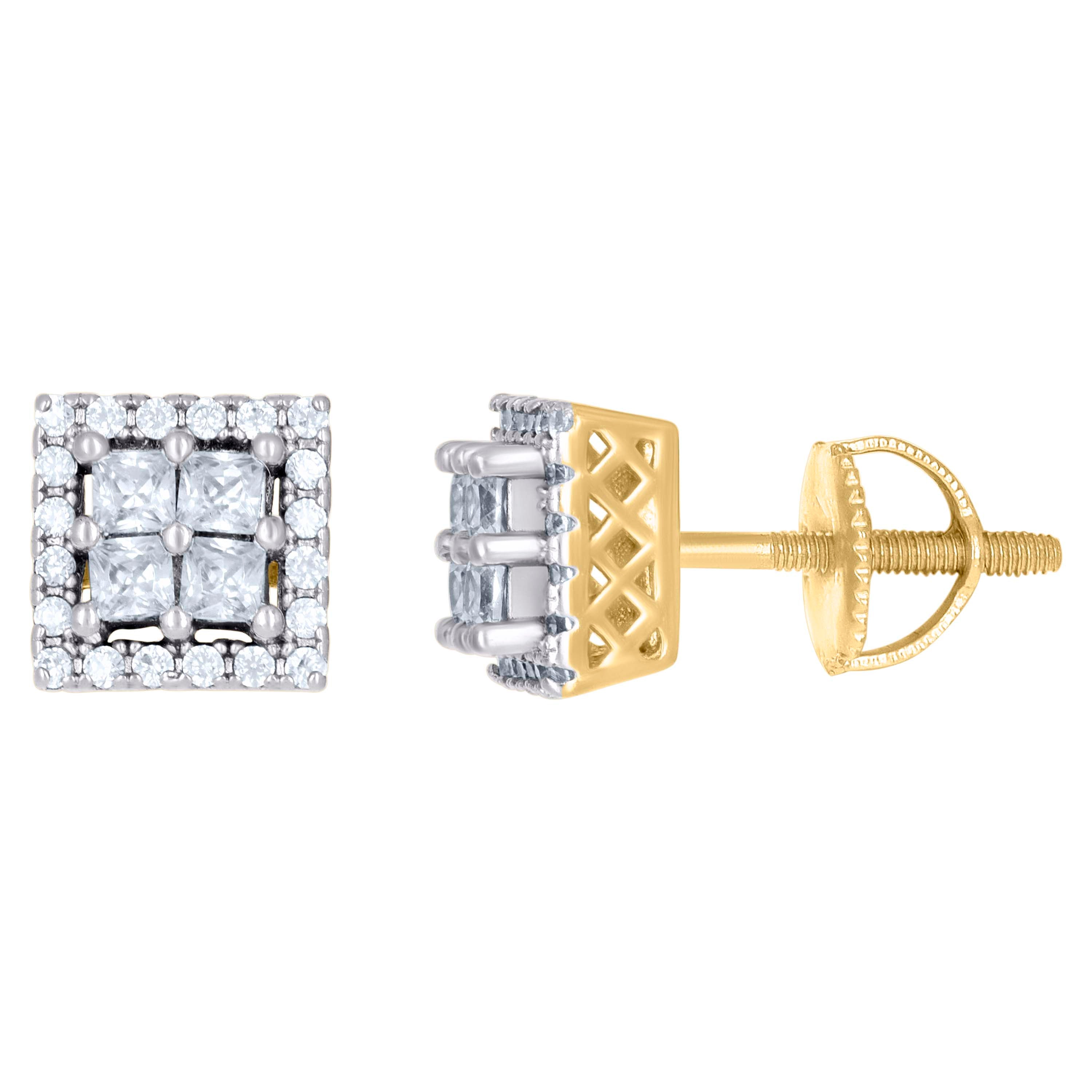 925 Sterling Silver Yellow-tone Unisex Princess-Cut Cubic-Zirconia Square Fashion Stud Earrings