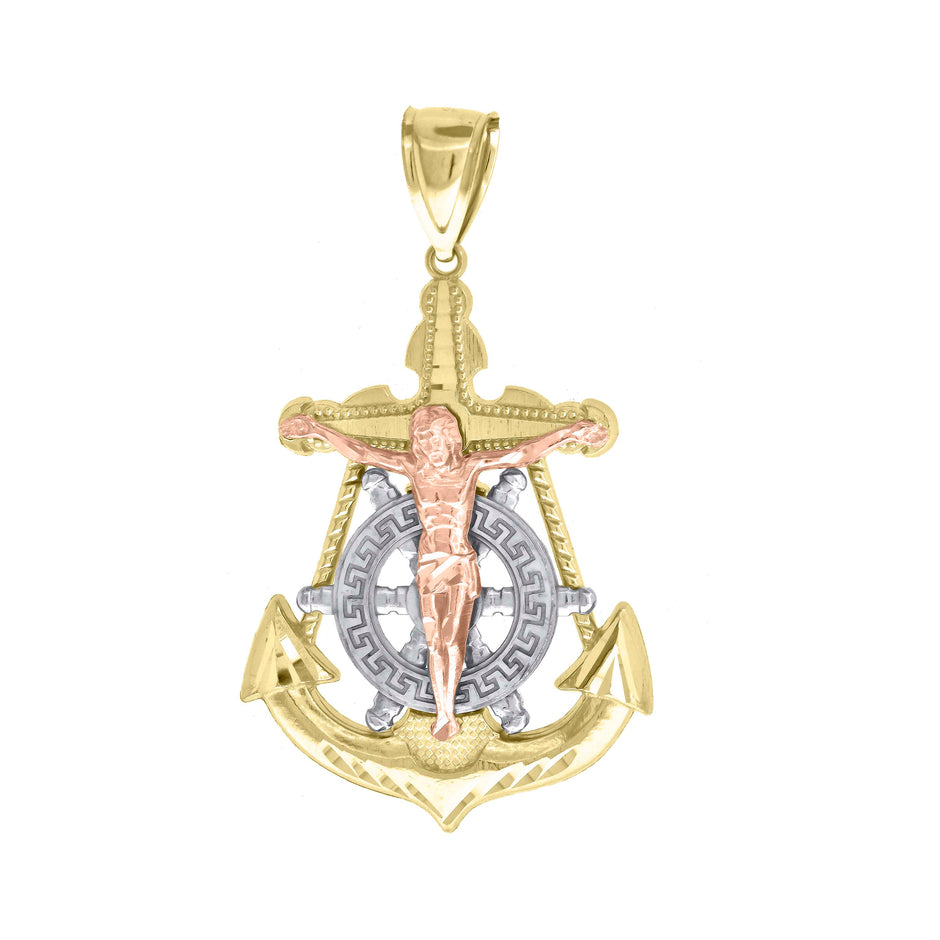 10kt Gold Tri-Color Diamond-Cut Mens Anchor Cross Crucifix Religious Charm Pendant