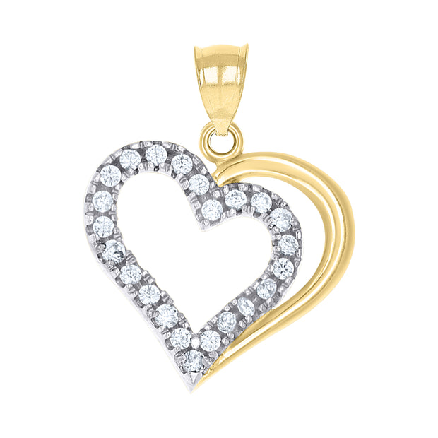 10kt Gold Two-Tone Cubic-Zirconia Womens Love Heart Charm Pendant