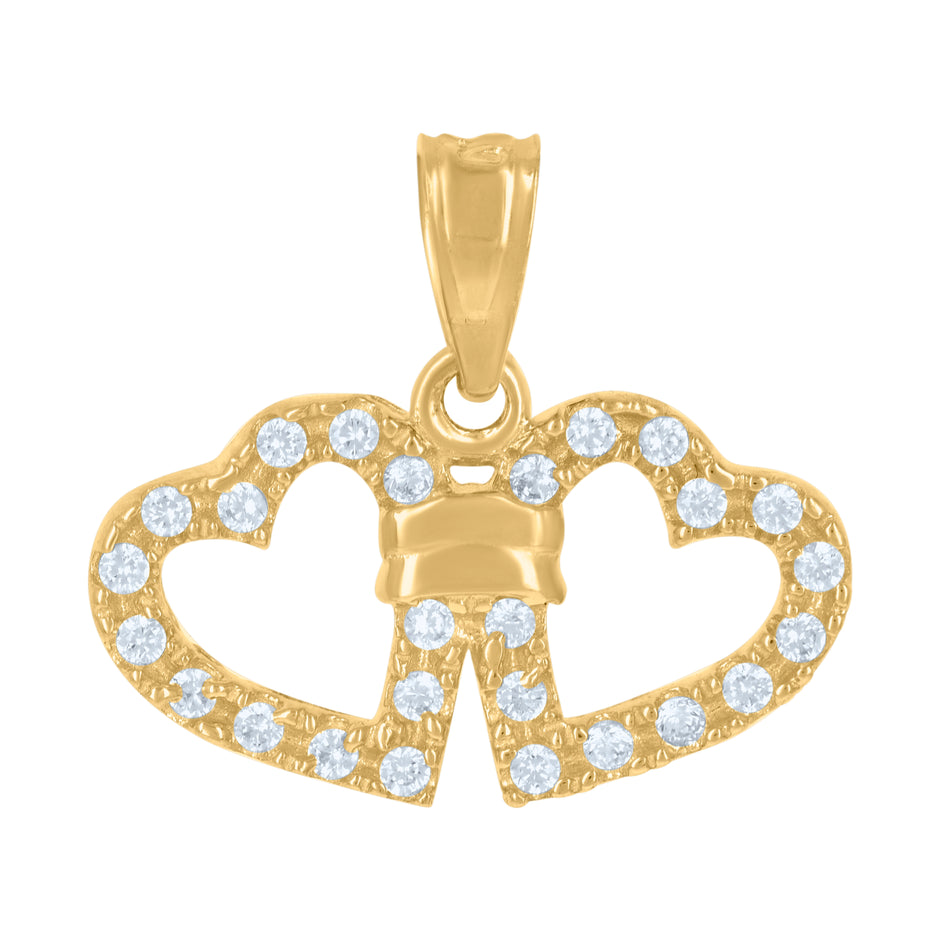 10kt Two-Tone Gold Womens Cubic Zirconia Cubic-Zirconia Double Heart Charm Pendant